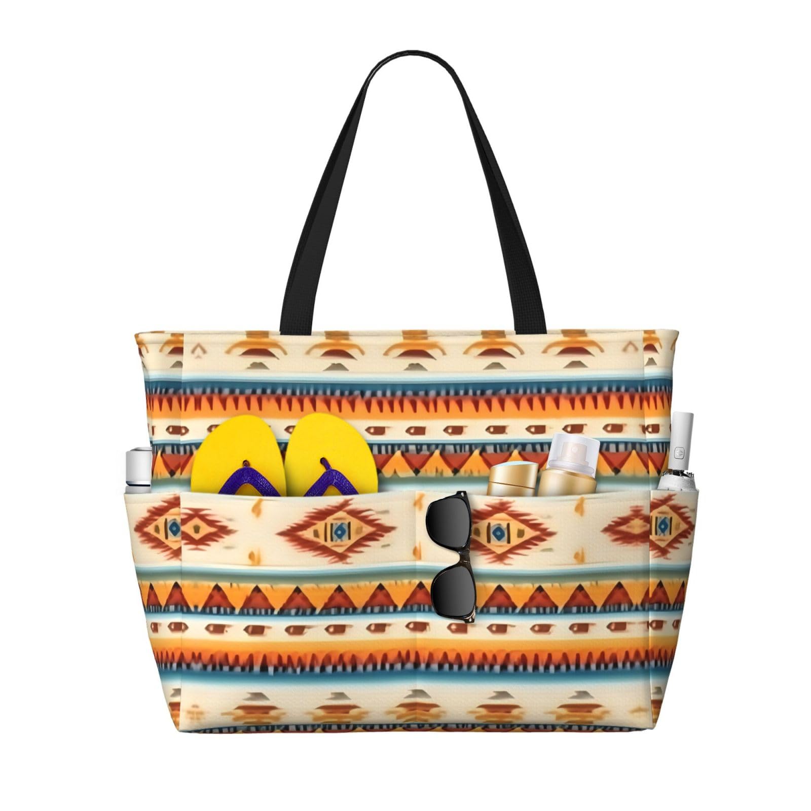 Native American Print Beach Tote - Extra Large for Travel & Women's Fashion - Black