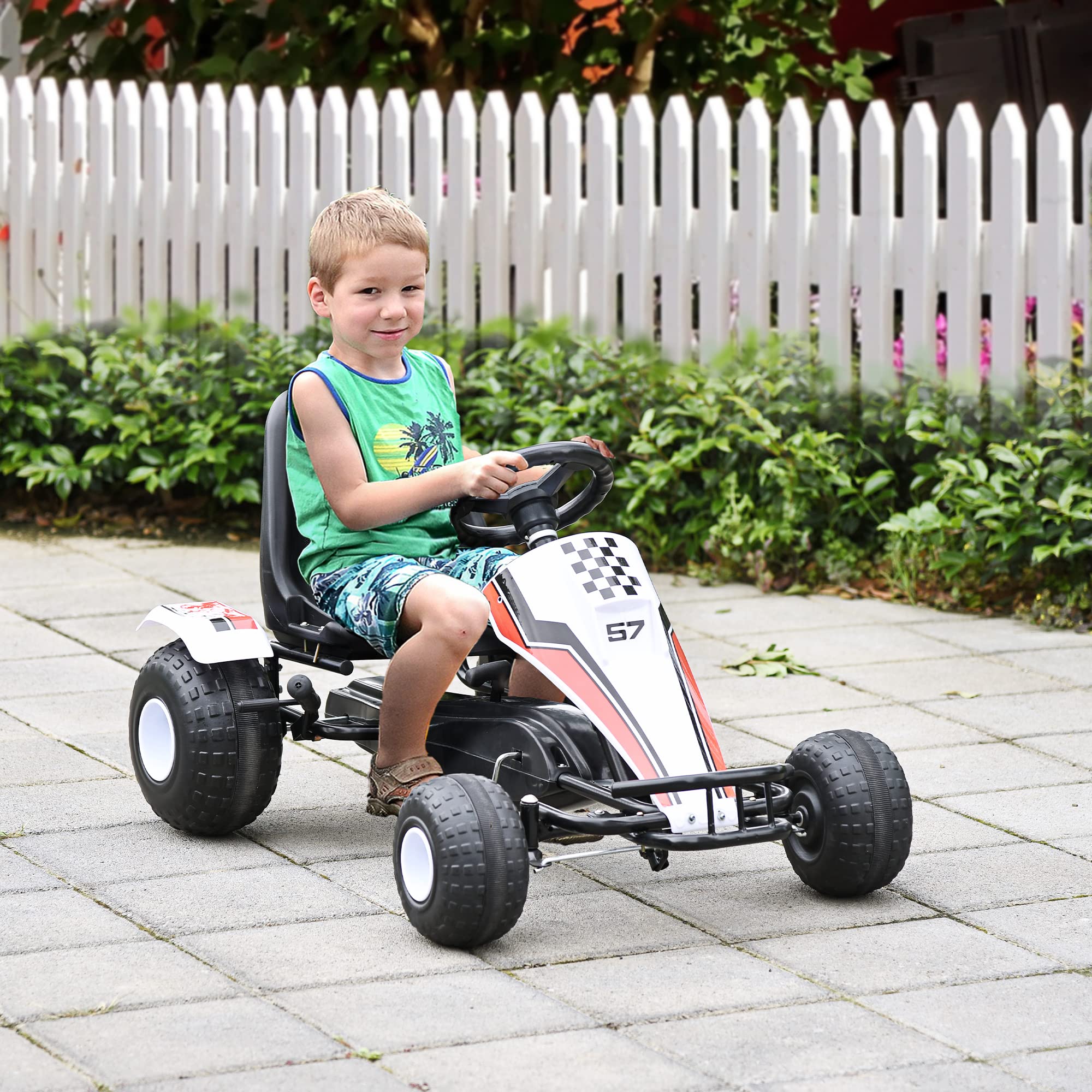 **HOMCOM Kids Pedal Go Kart for Ages 3+ | Adjustable Seat & Hand Brake | 104x66x57cm White & Black | Outdoor Play & Backyard Fun**