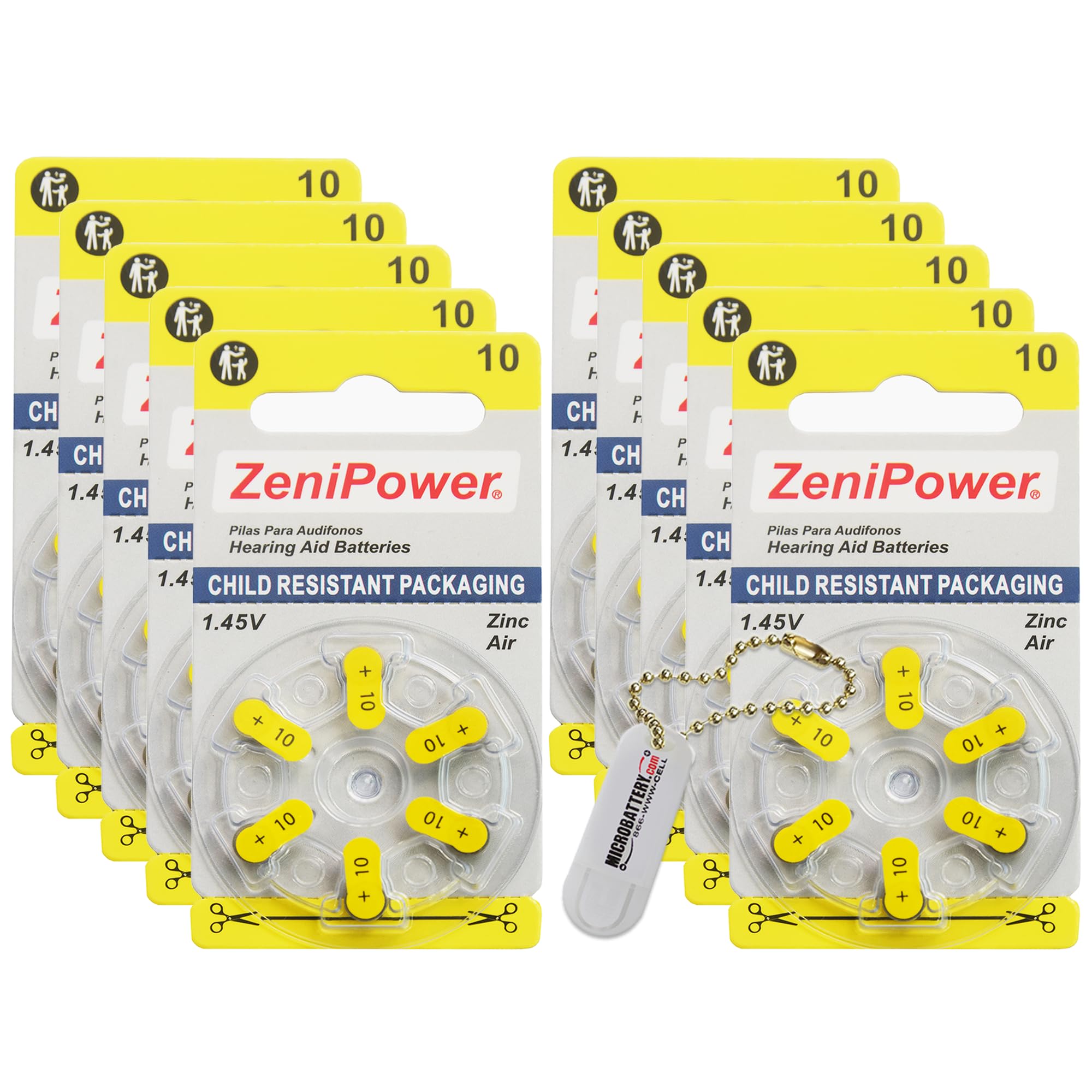60 Pack Size 10 Hearing Aid Batteries with Keychain Holder - Long-Lasting Power for Hearing Devices, Perfect for Travel & Daily Use
