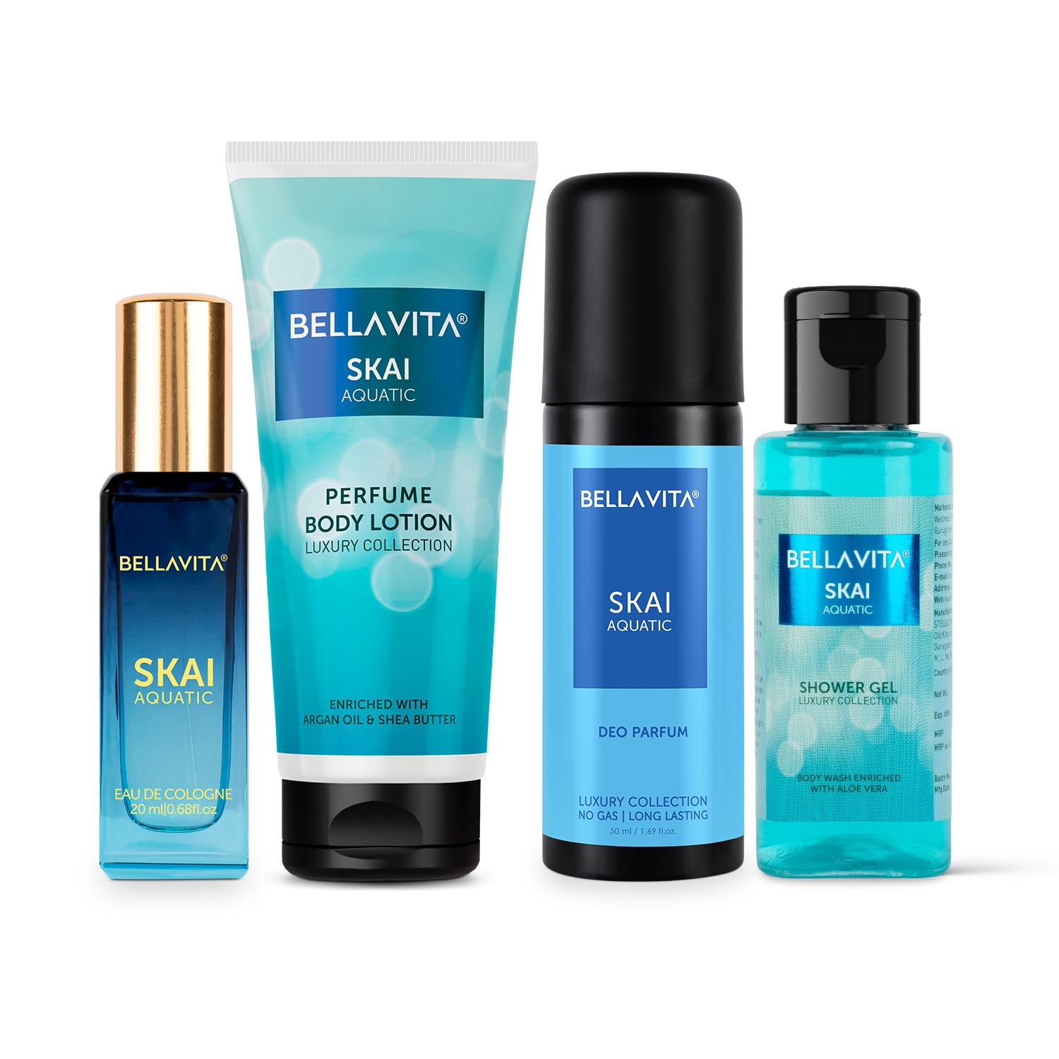BELLAVITA SKAI AQUATIC Travel Size Gift Set - Shower Gel 55ml, EDP Perfume 20ml, Deodorant Body Spray 50ml & Body Lotion 50ml | Perfect for Travel, Vacation & On-the-Go Fragrance Refresh