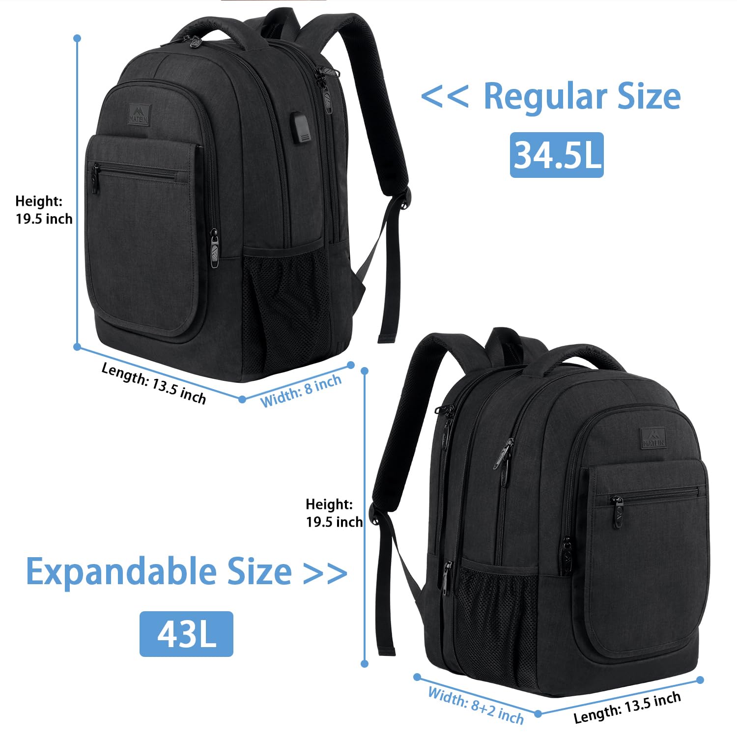 MATEIN Expandable 17.3 Inch Laptop Backpack with USB Charging Port - TSA Approved Anti-Theft Water Resistant Travel Backpack for College, Work & Commuting - Perfect Gift for Men & Women (Black)