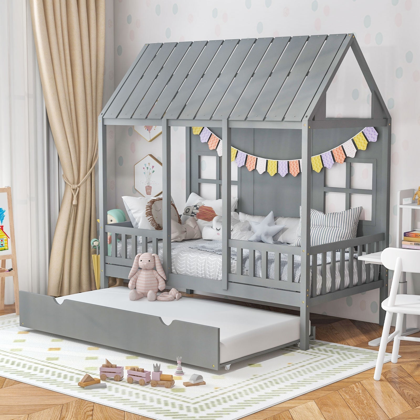 Twin Size House Bed Frame with Trundle - 82 Inch Tall Roof in Gray | Kids Bedroom Furniture for Play & Sleep