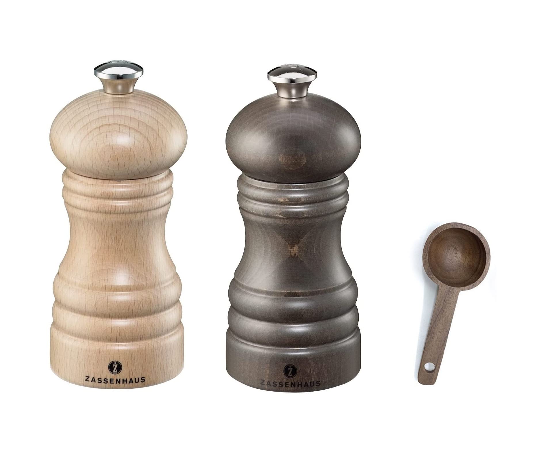 Premium Zassenhaus Berlin Natural Salt & Pepper Grinder Set - 4.7 Inch Dark Stained Wood Mill with Spice Scoop - Perfect for Kitchen, Dining Table & Gourmet Cooking Gifts