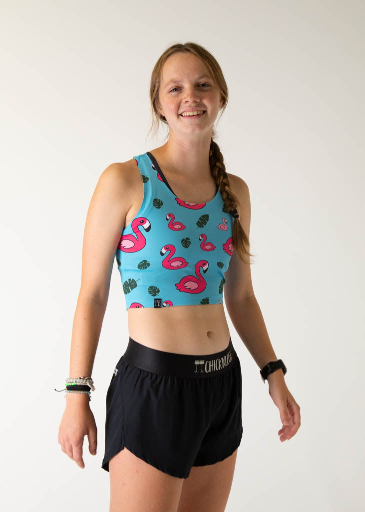 Stylish Blue Flamingo PWR Crop Top for Women - Trendy Summer Workout & Yoga Tank Top