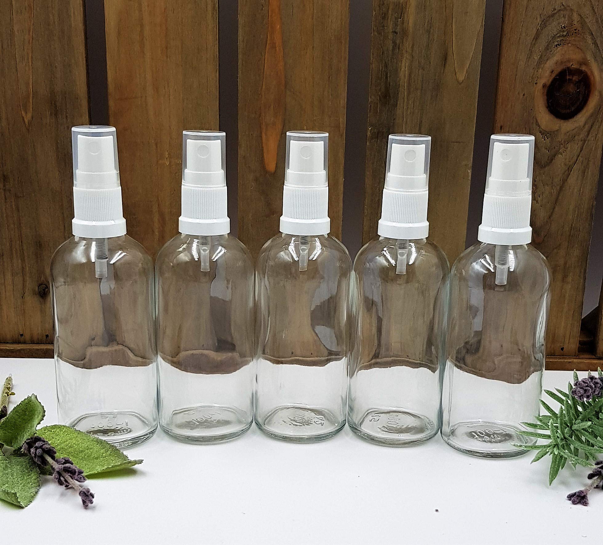 5-Pack 100ml Clear Glass Spray Bottles with White DIN 18 Pump Sprayer & Transparent Cap - Pharmacy Quality, European Pharmacopeia Standard - Perfect for Essential Oils, DIY Beauty Products & Home Cleaning Solutions