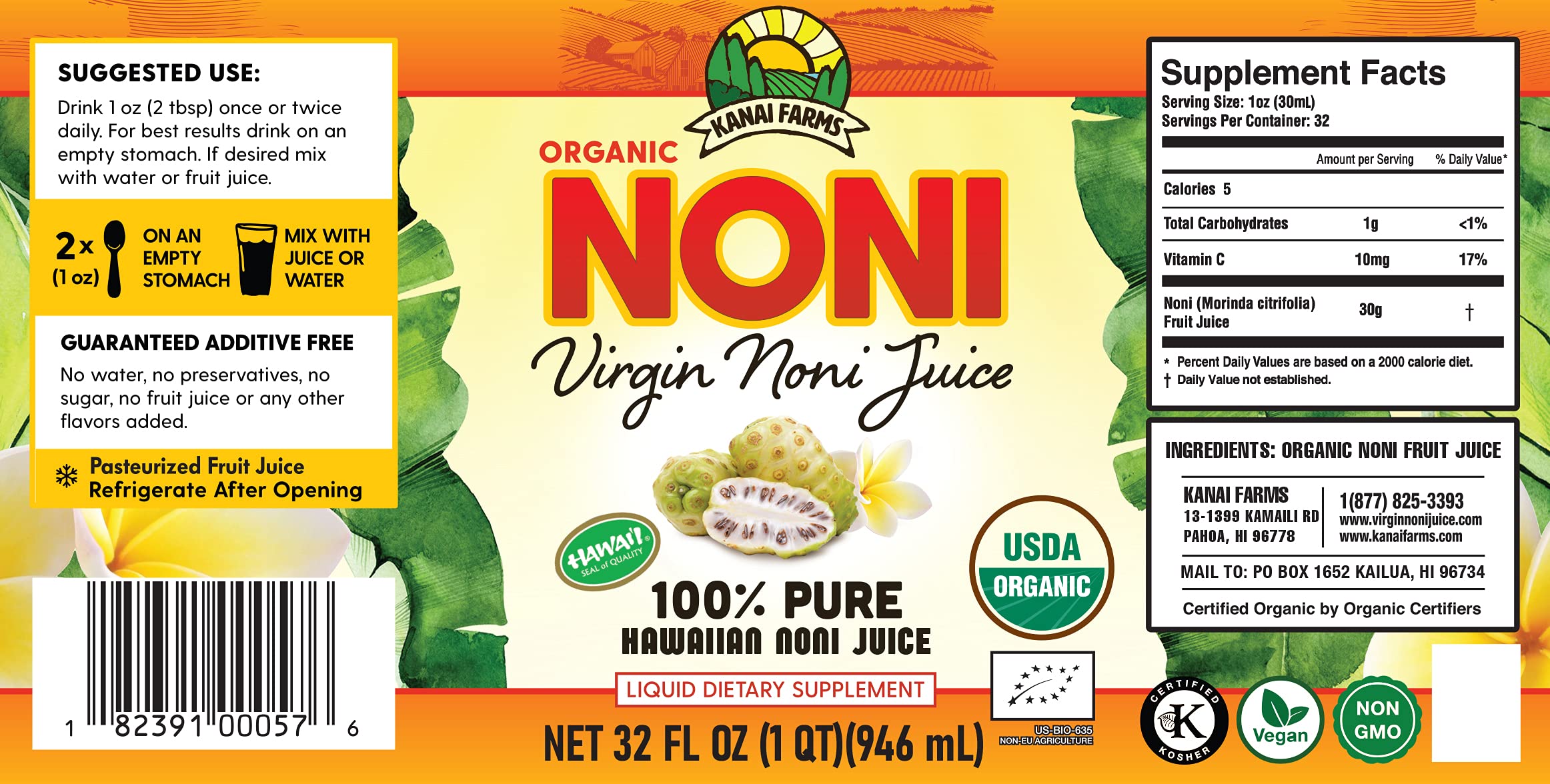 100% Pure Organic Hawaiian Noni Juice - Virgin Noni Fruit Drink - 4 Pack of 32oz Glass Bottles - Immune Support & Wellness Boost for Daily Health
