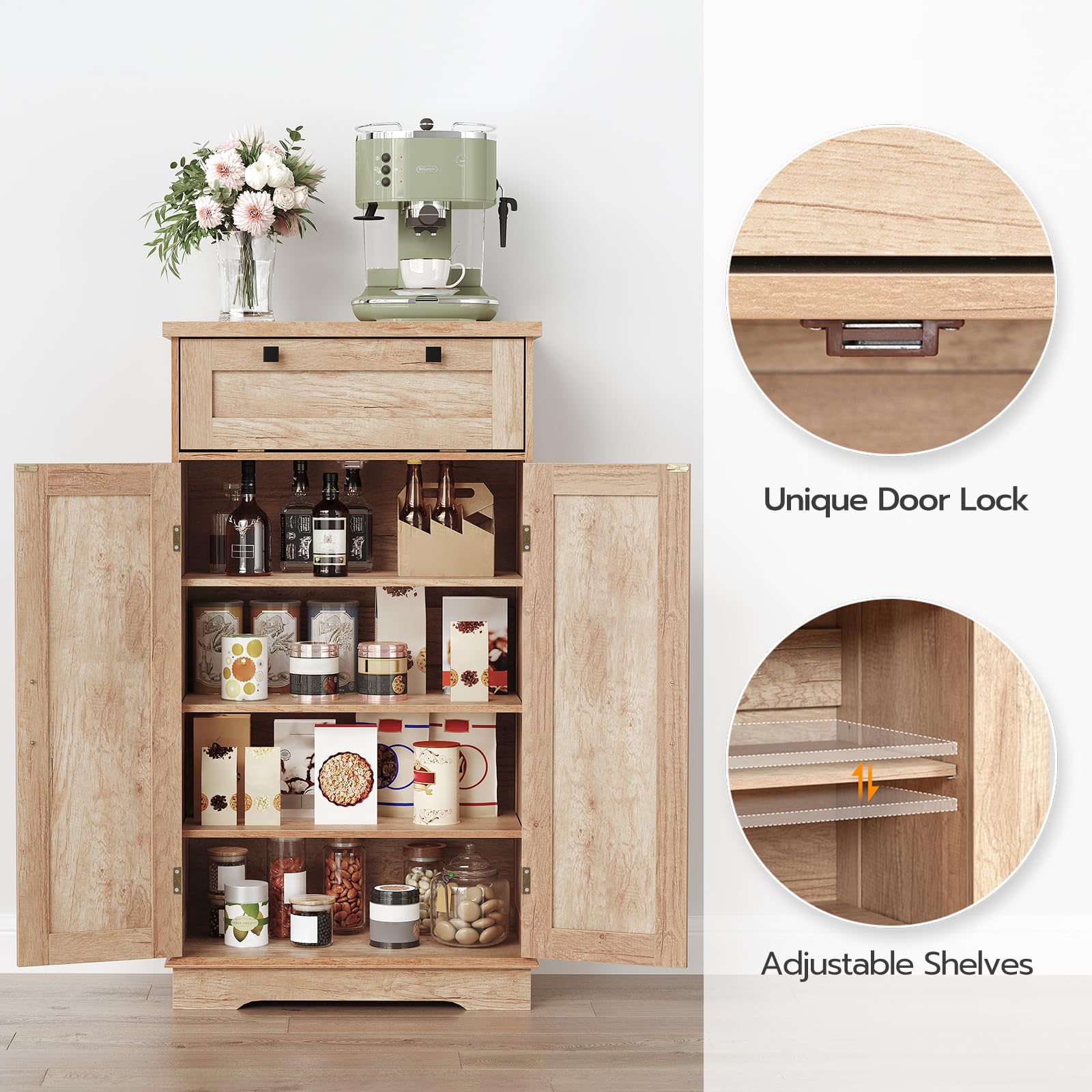 HOOBRO Farmhouse Style Kitchen Pantry Cabinet with Drawer, Adjustable Shelves & Rattan-Like Decor - Tall Storage Cabinet for Spices, Cookware & Kitchen Organization (Natural, NL12PC01) - Perfect for Small Kitchens, Dining Rooms & Farmhouse Decor