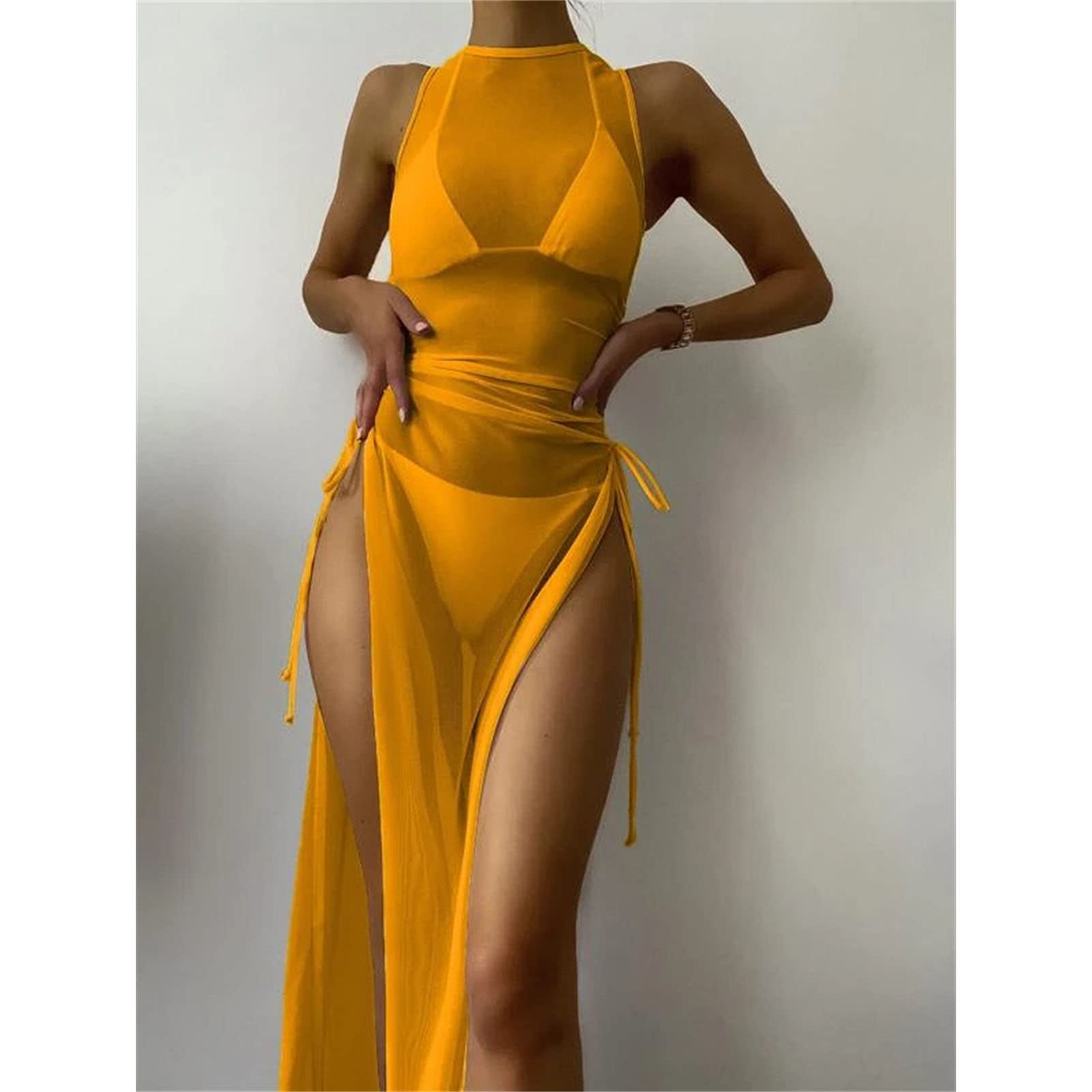 Women's Chiffon Beach Cover Up Maxi Dress - Sleeveless Tie Waist Bikini Cover Up with Side Slit - Long Swimwear Cardigan for Pool, Vacation & Summer Outfits