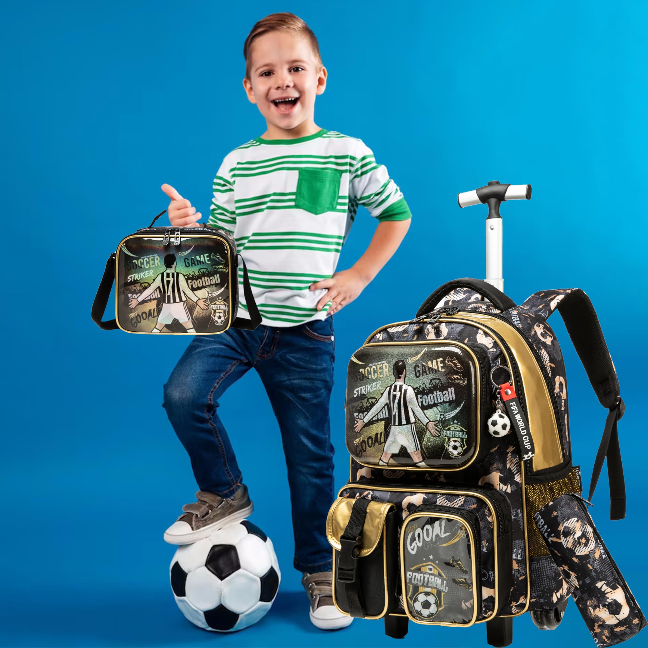 Egchescebo Kids Rolling Backpack for Boys - Soccer Themed Wheeled Luggage with Lunch Box & Pencil Case, Multiple Functional Pockets for School & Travel - Navy Blue | Perfect for Elementary Students, Daily Commute & Family Trips