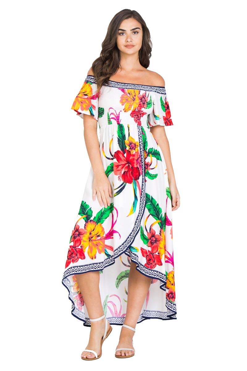Bohemian Off Shoulder Maxi Dress with Hi-Low Hem - Tropical Floral Smocked Summer Beach Dress for Vacation, Wedding & Outdoor Parties