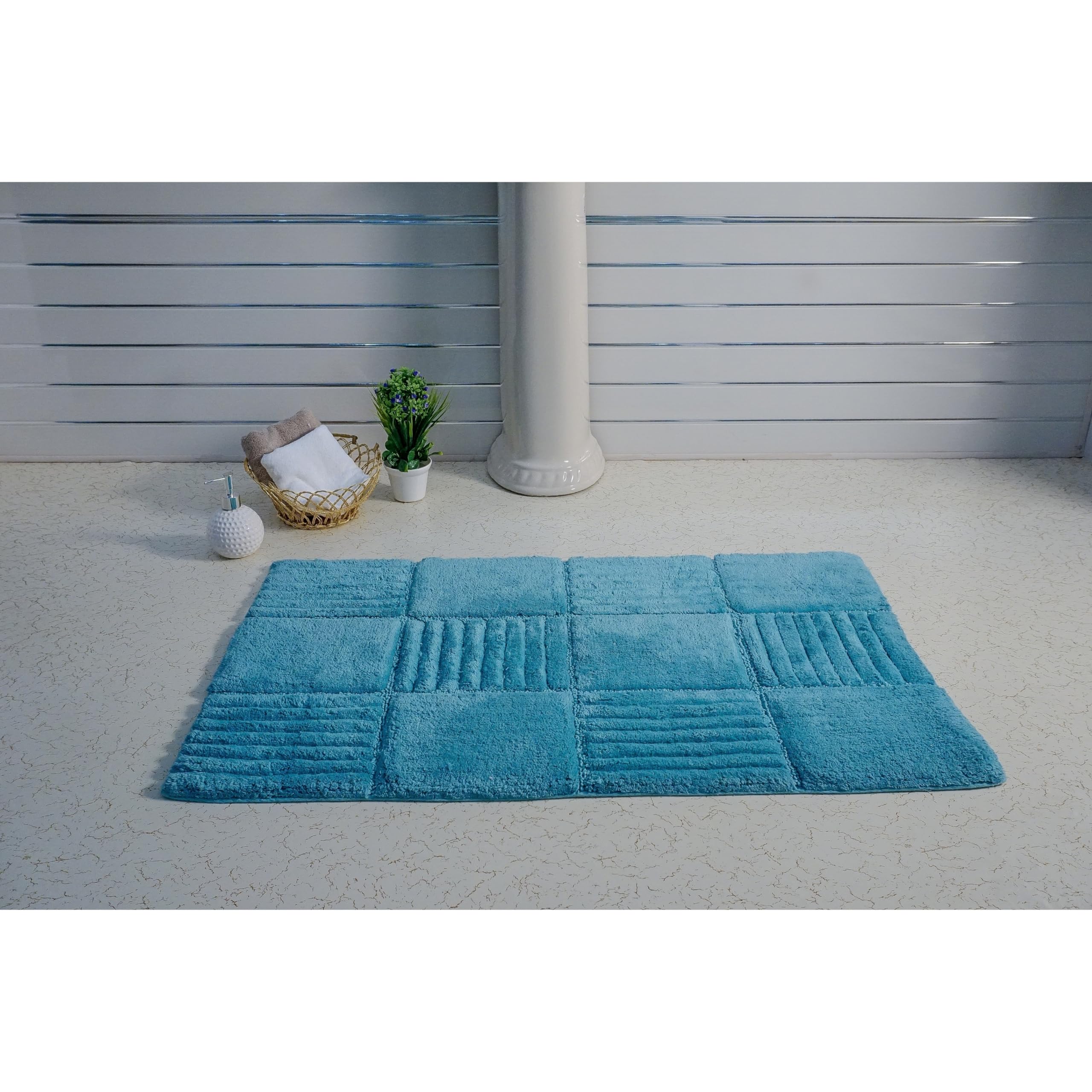 Non-Slip Aqua Bath Rug with Chakkar Board Design - Soft Absorbent Microfiber Bathroom Mat for Shower, Tub, and Vanity Areas