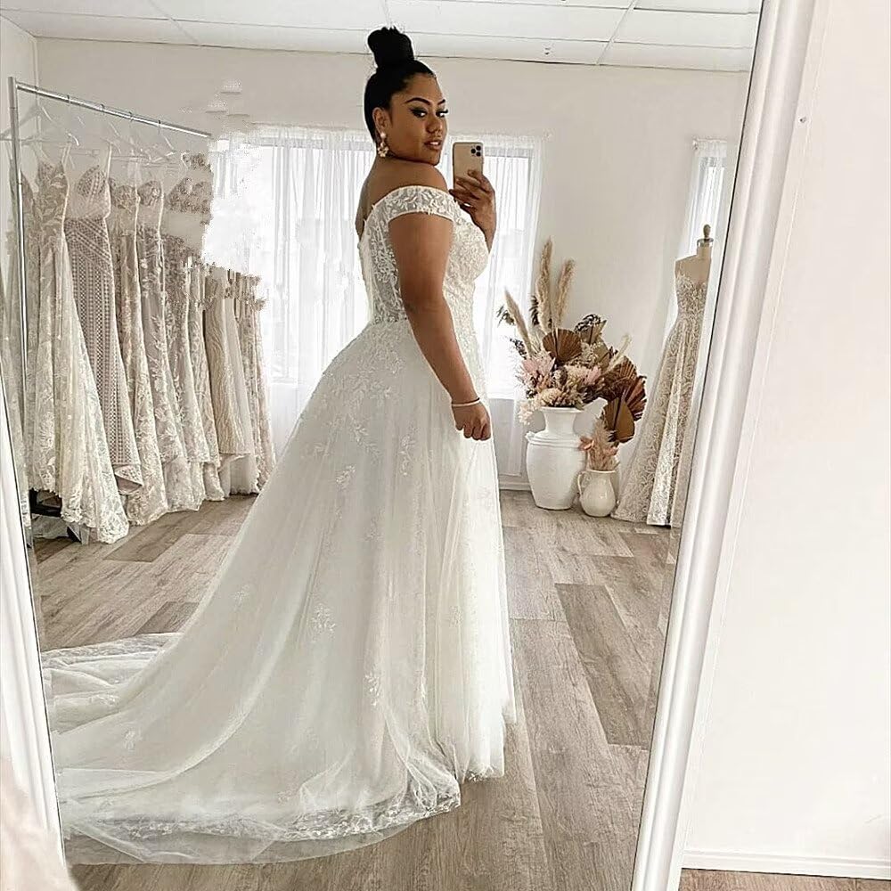 Elegant Off Shoulder Lace Wedding Dress with Train - Princess Tulle Ball Gown for Bride | Perfect for Church Ceremony, Beach Wedding & Romantic Photoshoots