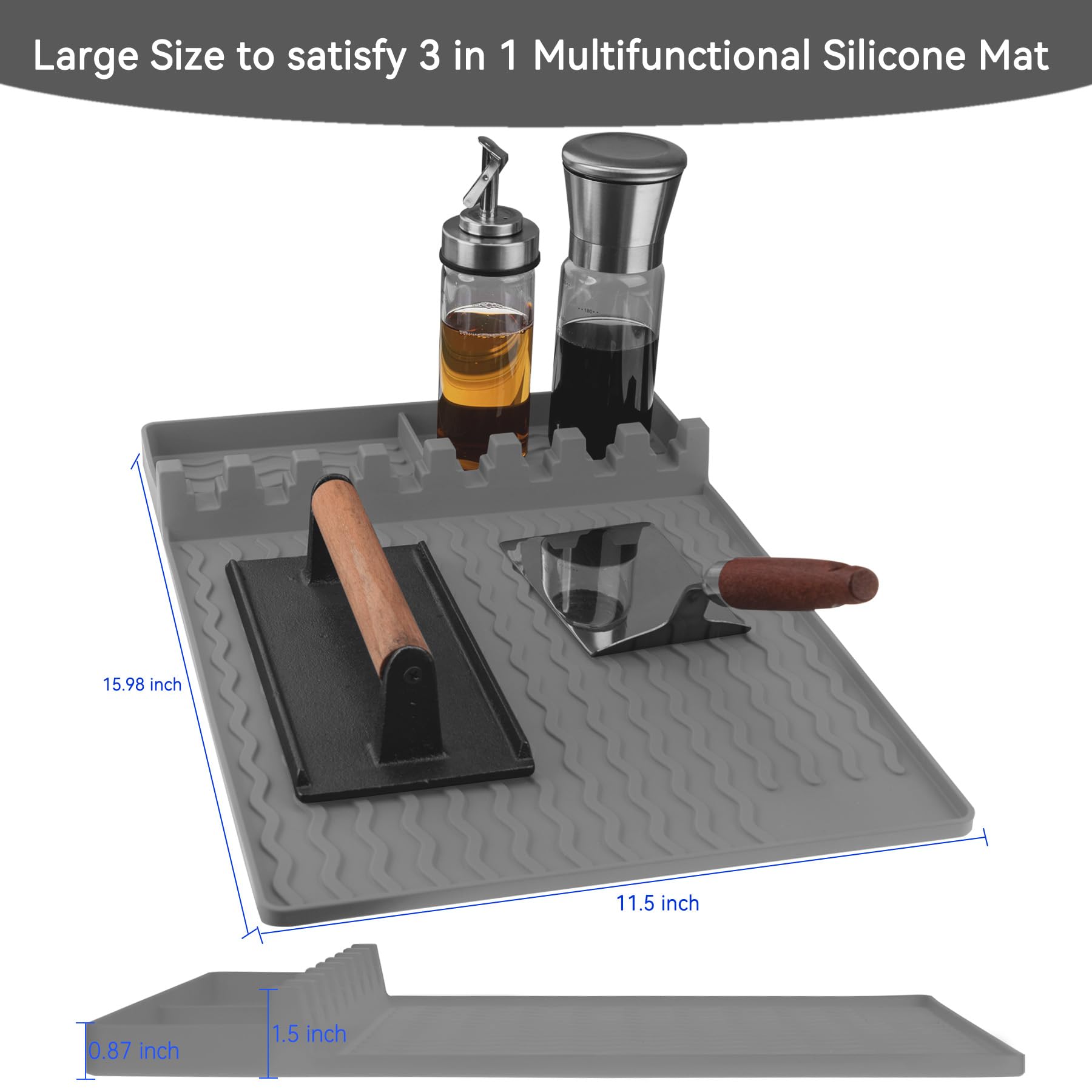 Premium Silicone Griddle Tools Mat for Blackstone Griddles - Large Non-Slip Spatula Holder with Drip Tray - Heat-Resistant Kitchen Countertop Organizer & BBQ Utensil Caddy (Gray) - Perfect for Outdoor Cooking, Backyard Grilling, and Camping Trips