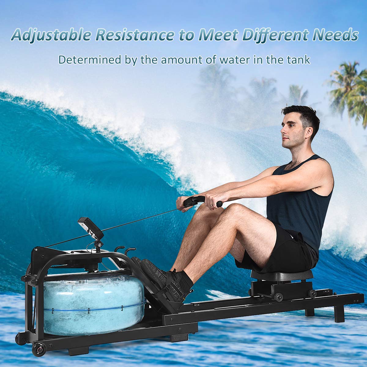 GYMAX Water Rowing Machine for Home Gym - Adjustable Resistance Rower with LCD Monitor | Portable Full Body Workout Equipment for Cardio Training | Perfect for Home Fitness, Small Spaces & Low-Impact Exercise
