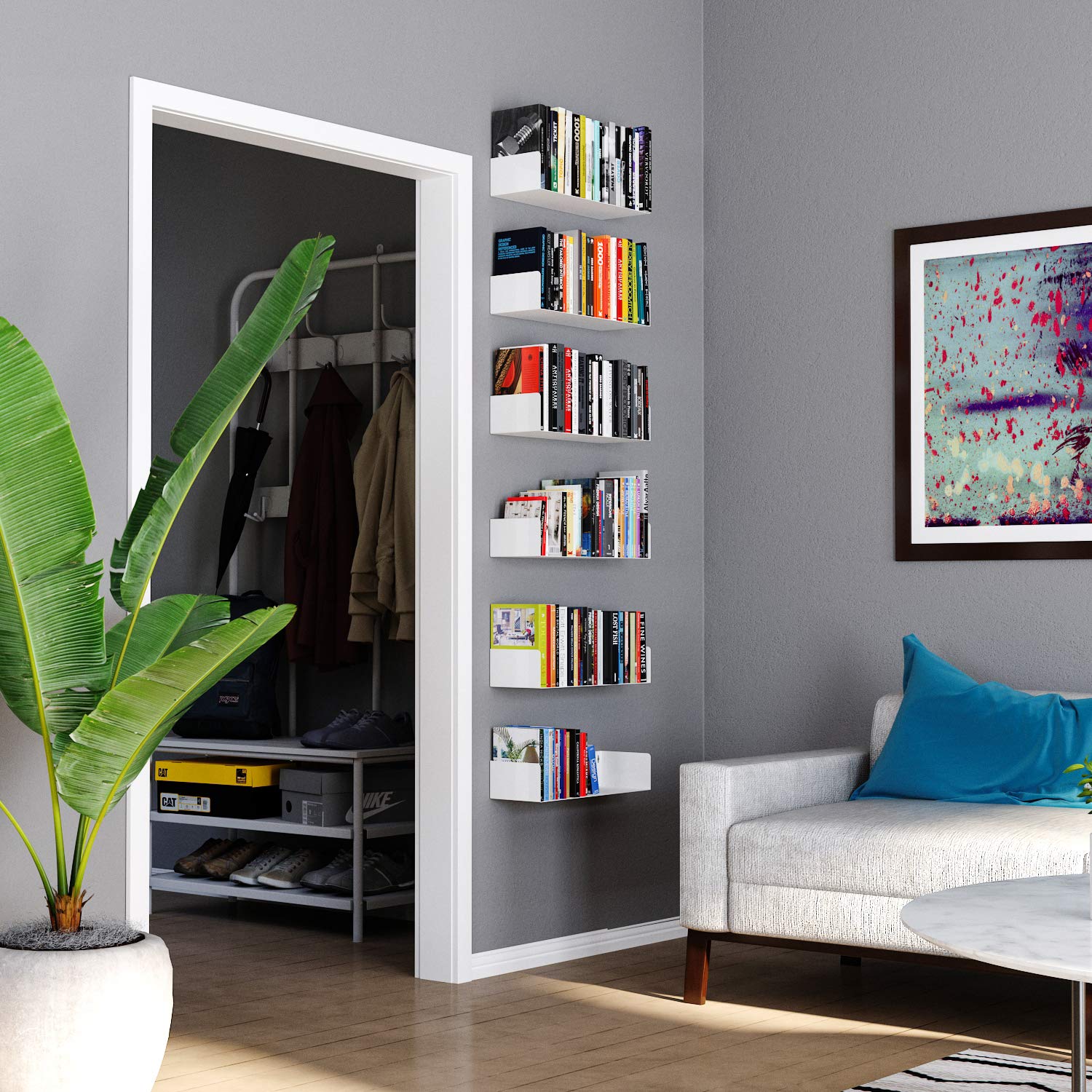 Wallniture Bali White U-Shaped Floating Shelves - Set of 6 for Wall Storage, Books, DVDs & Home Decor | Perfect for Living Room, Bedroom & Office Organization