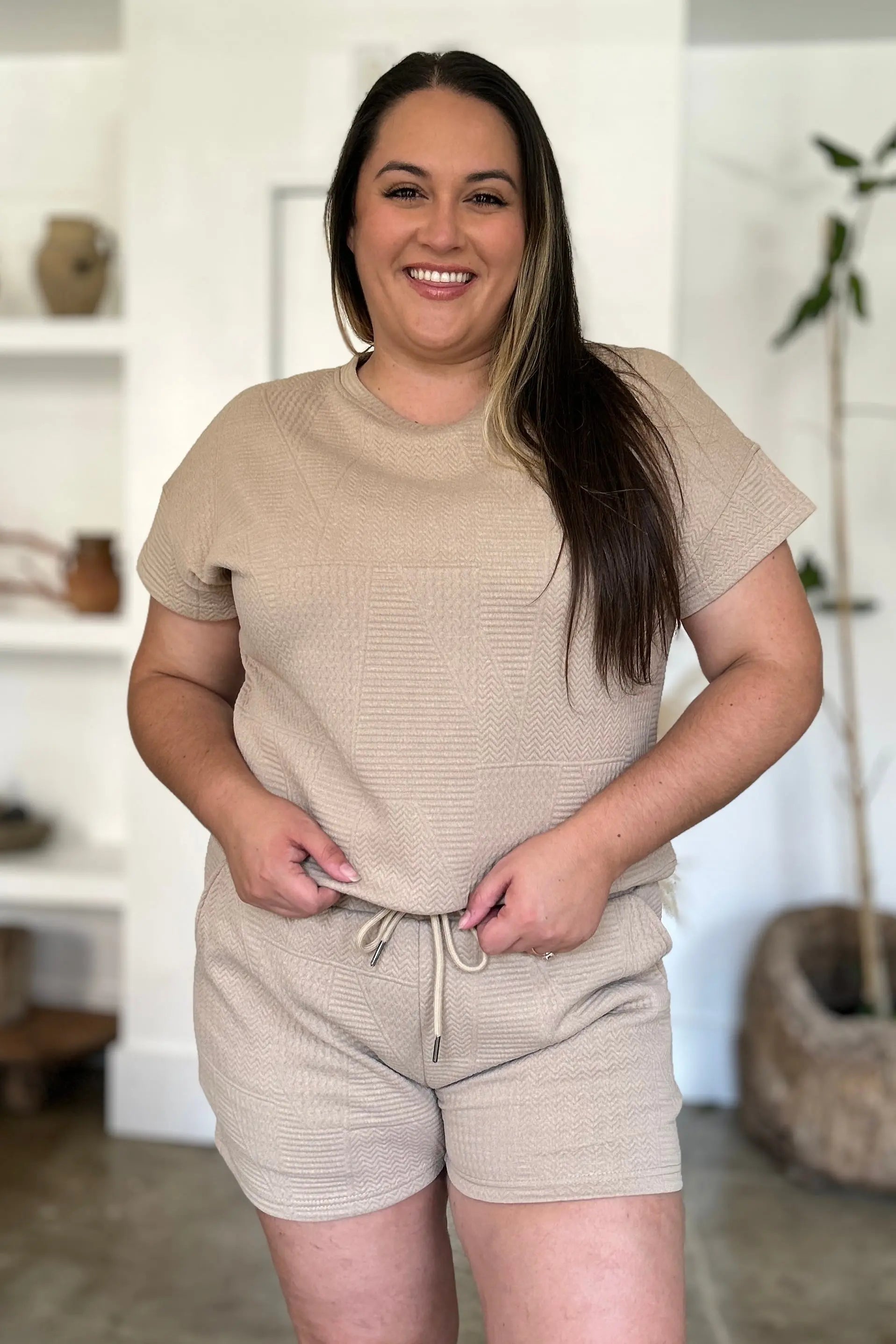 Double Take Full Size Textured Short Sleeve Top & Shorts Set - Women's Casual Summer Outfit for Beach, Yoga & Lounge Wear