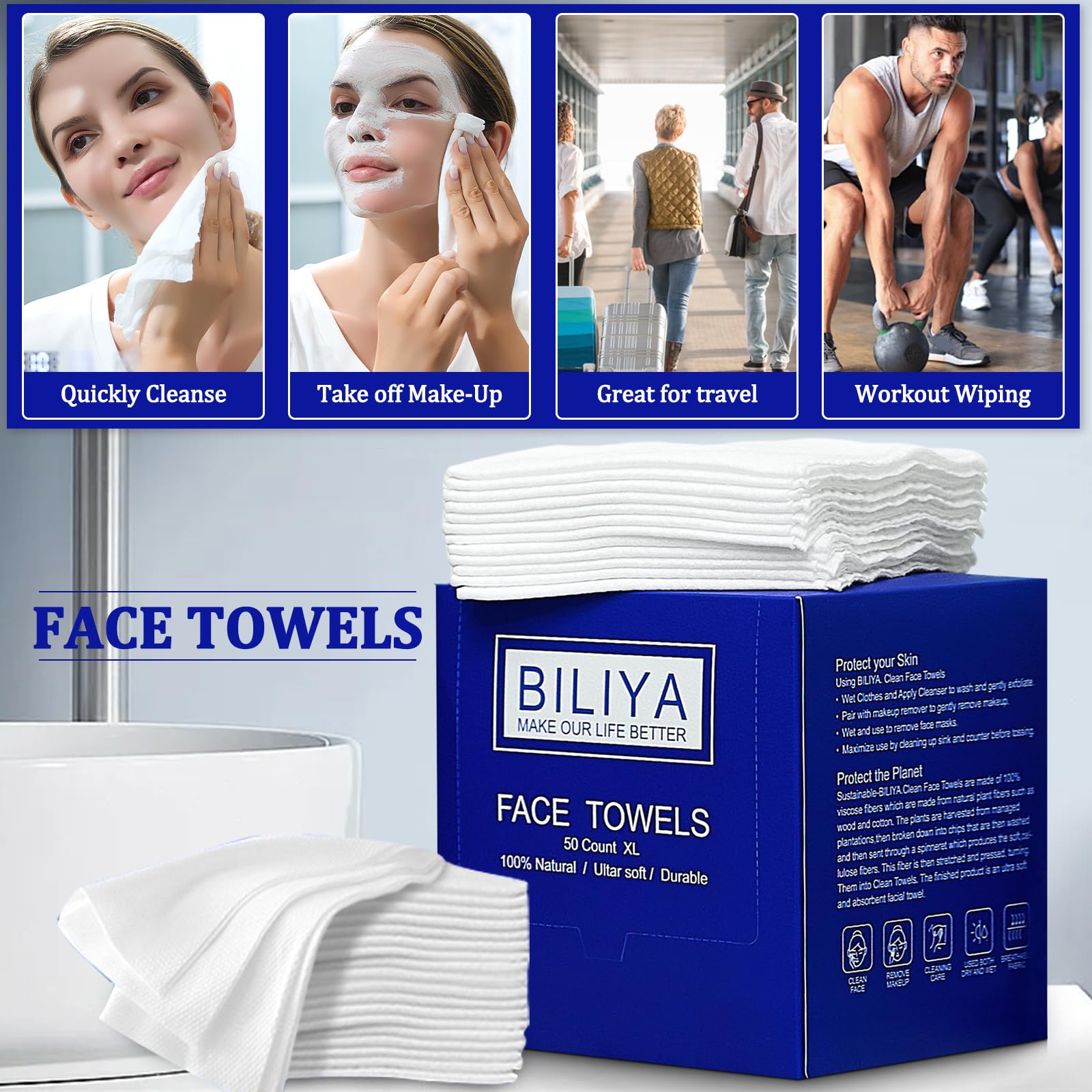 Disposable XL Face Towels - Ultra Soft Makeup Remover Wipes & Facial Cleaning Towels (100 Count, 2 Pack) - Perfect for Travel, Gym & Daily Skincare Routine