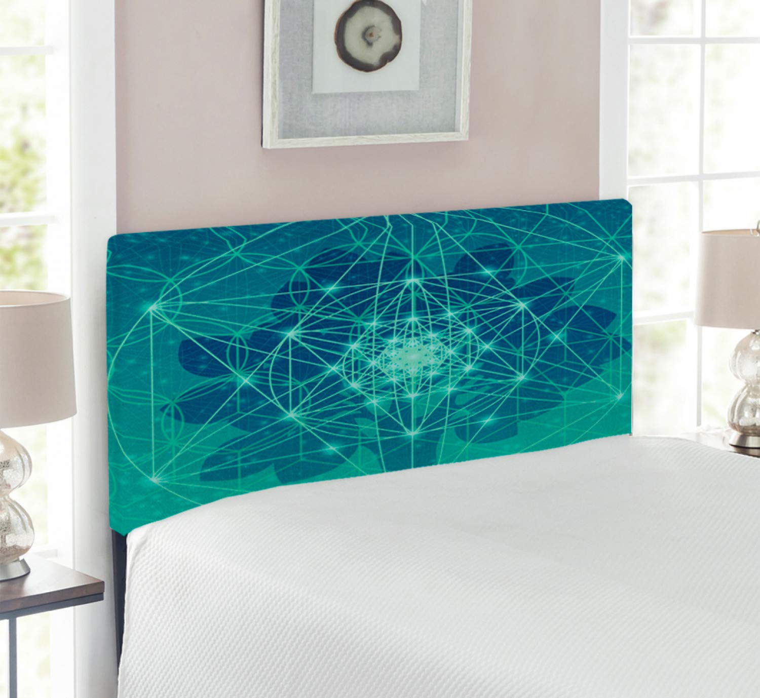 Ambesonne Geometry Headboard - Futuristic Tree of Life Space Design, Upholstered Metal Bed Headboard with Memory Foam, Twin Size, Petrol Blue Green - Perfect for Modern Bedrooms, Guest Rooms & Dorm Decor