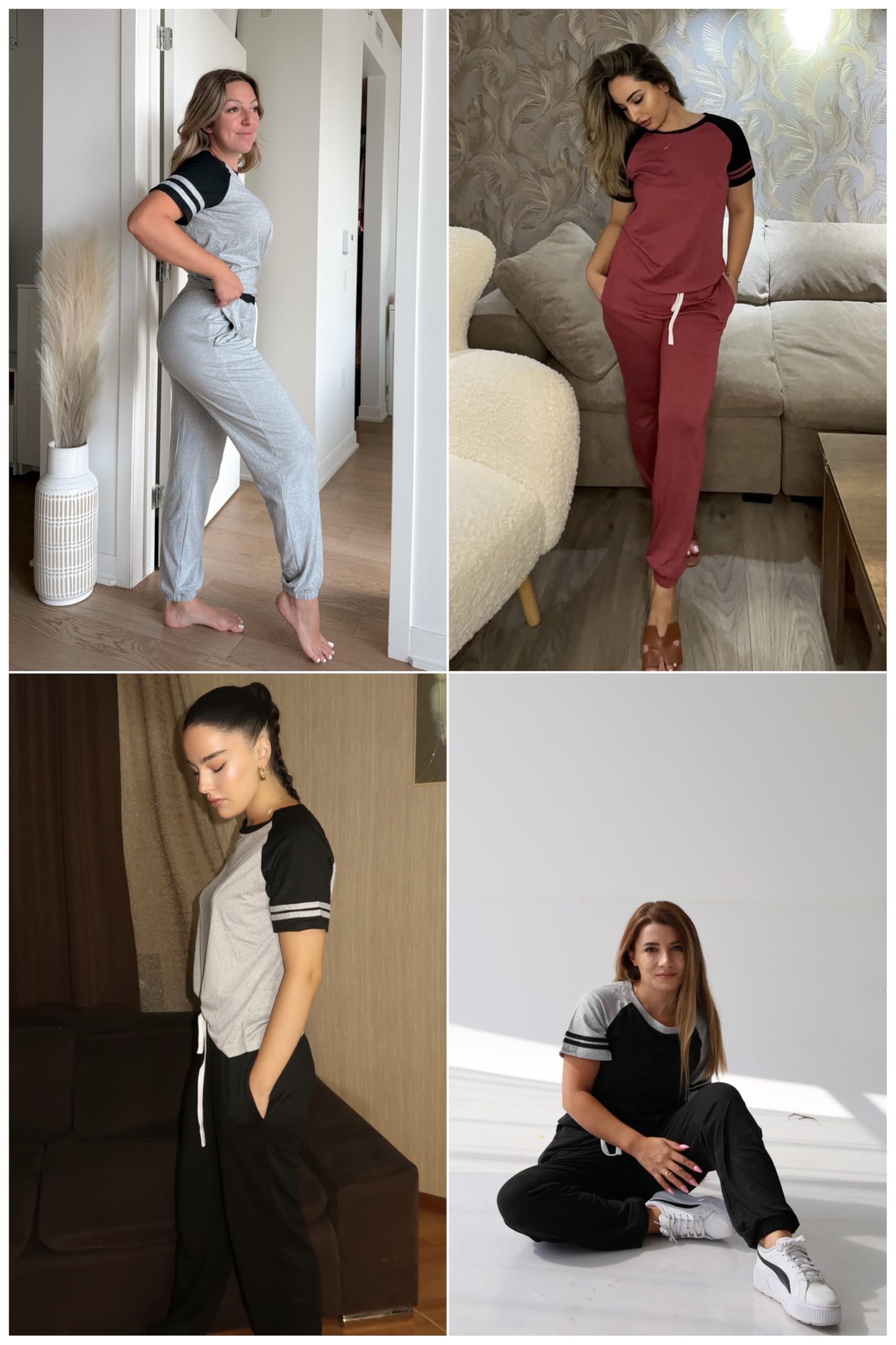 Ekouaer Women's 2-Piece Lounge Set - Soft Short Sleeve Crewneck Jogger Outfit & Sweatpants Tracksuit for Home, Sleep & Relaxation | Comfortable Pajama Set for Women