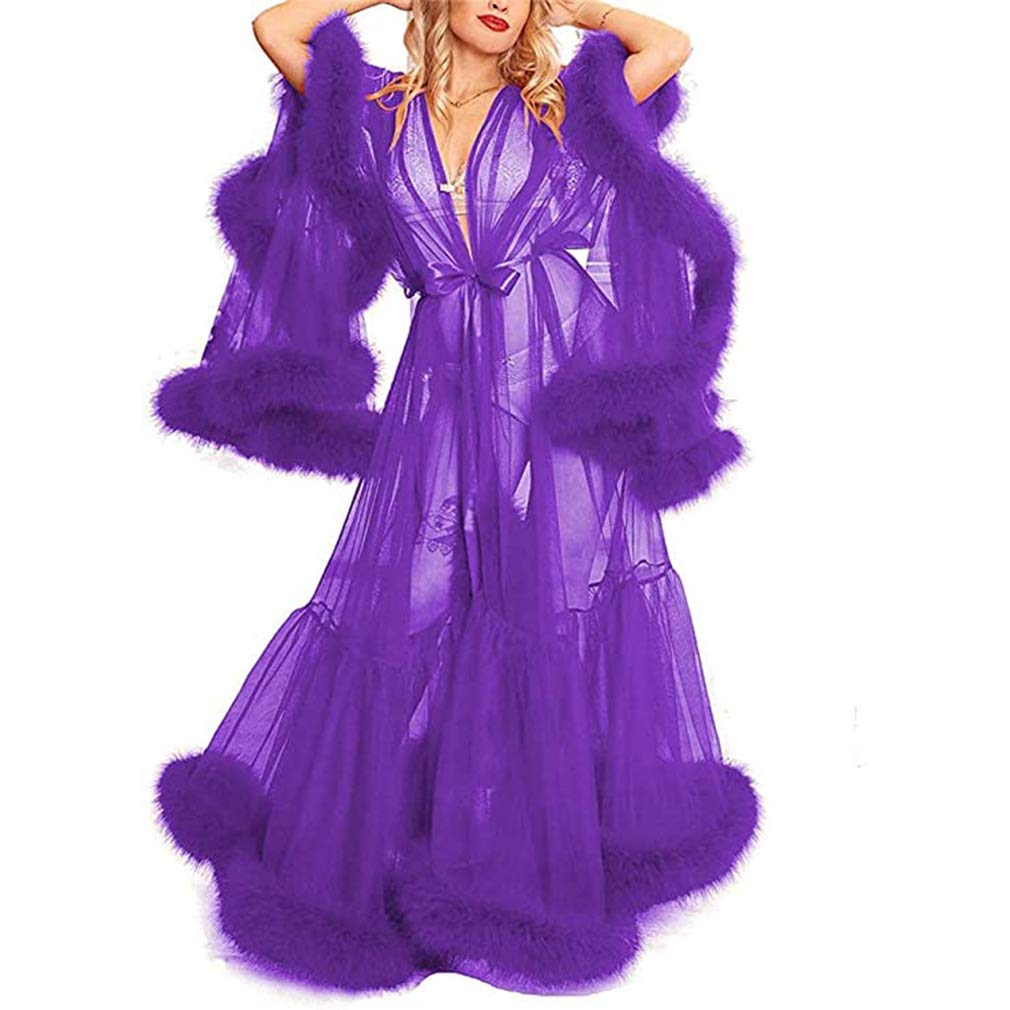 Feather Bridal Robe Sheer Nightgown - Long Lace Maternity Dress with Puffy Sleeves for Women | Wedding Night, Honeymoon, Pregnancy Photoshoot & Special Occasions