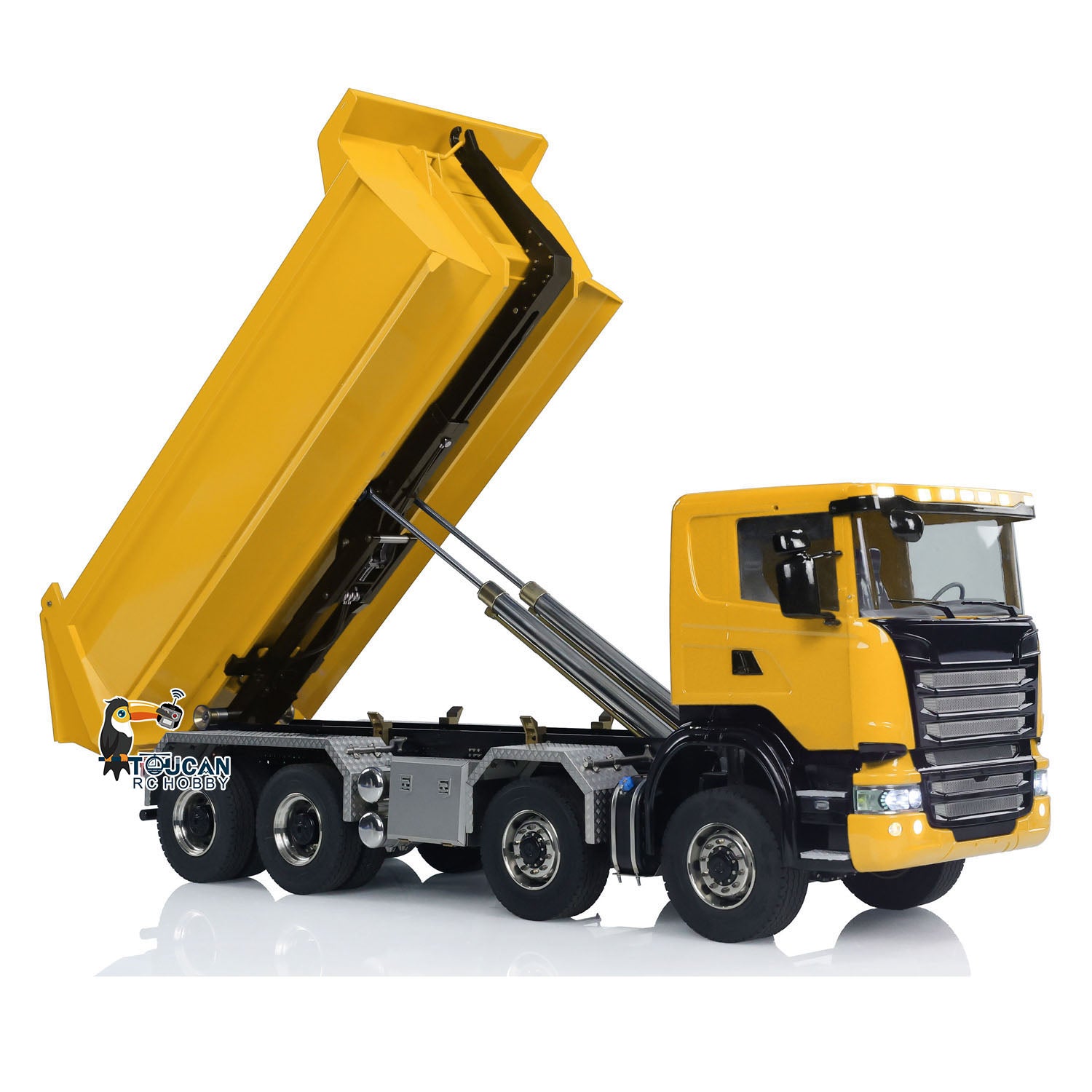 1/14 Scale Metal RC Hydraulic Dump Truck with Remote Control - U-Shaped High Bucket & Timber Flatbed for Construction, Mining, and Off-Road Play