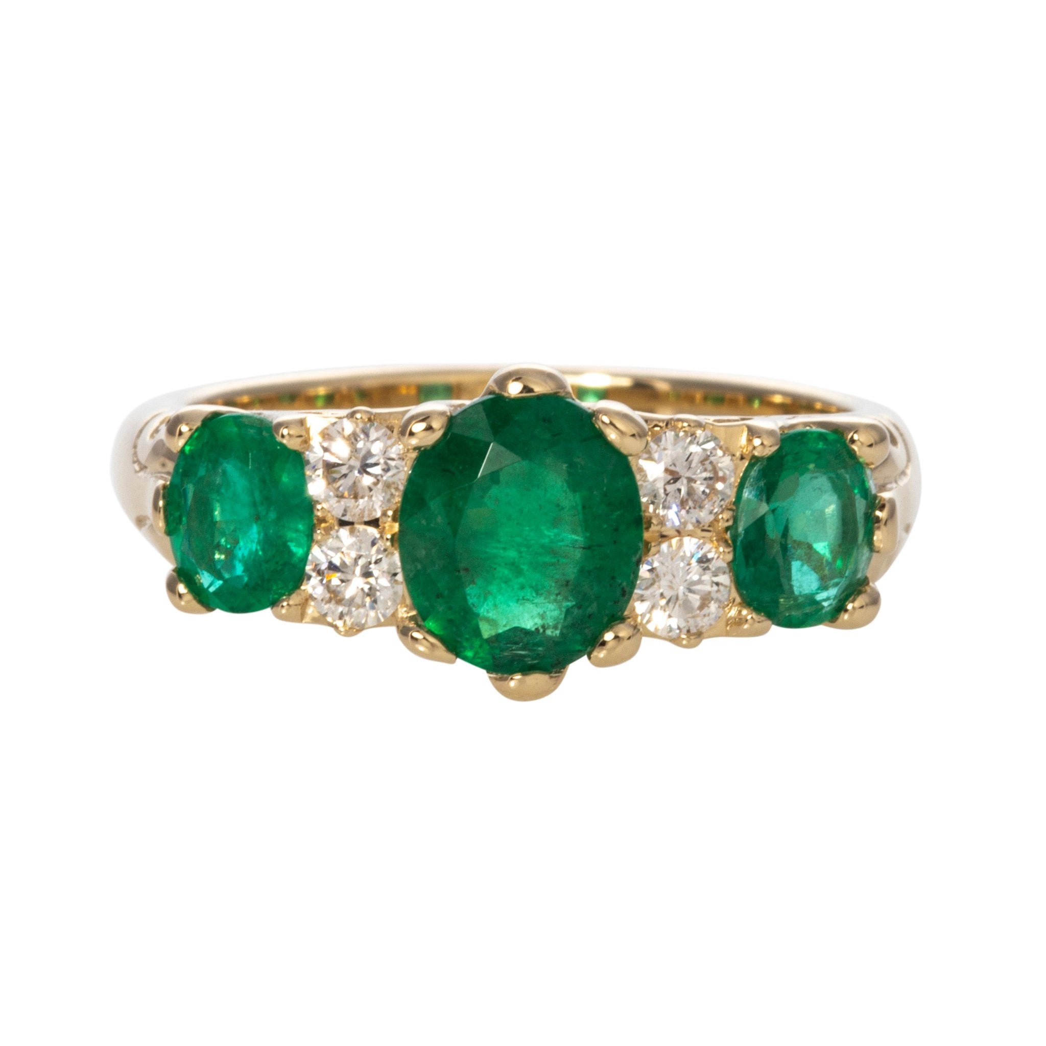 Victorian Style 3 Stone Emerald and Diamond 14K Gold Ring for Women - Elegant Vintage Engagement, Wedding, or Anniversary Jewelry Gift