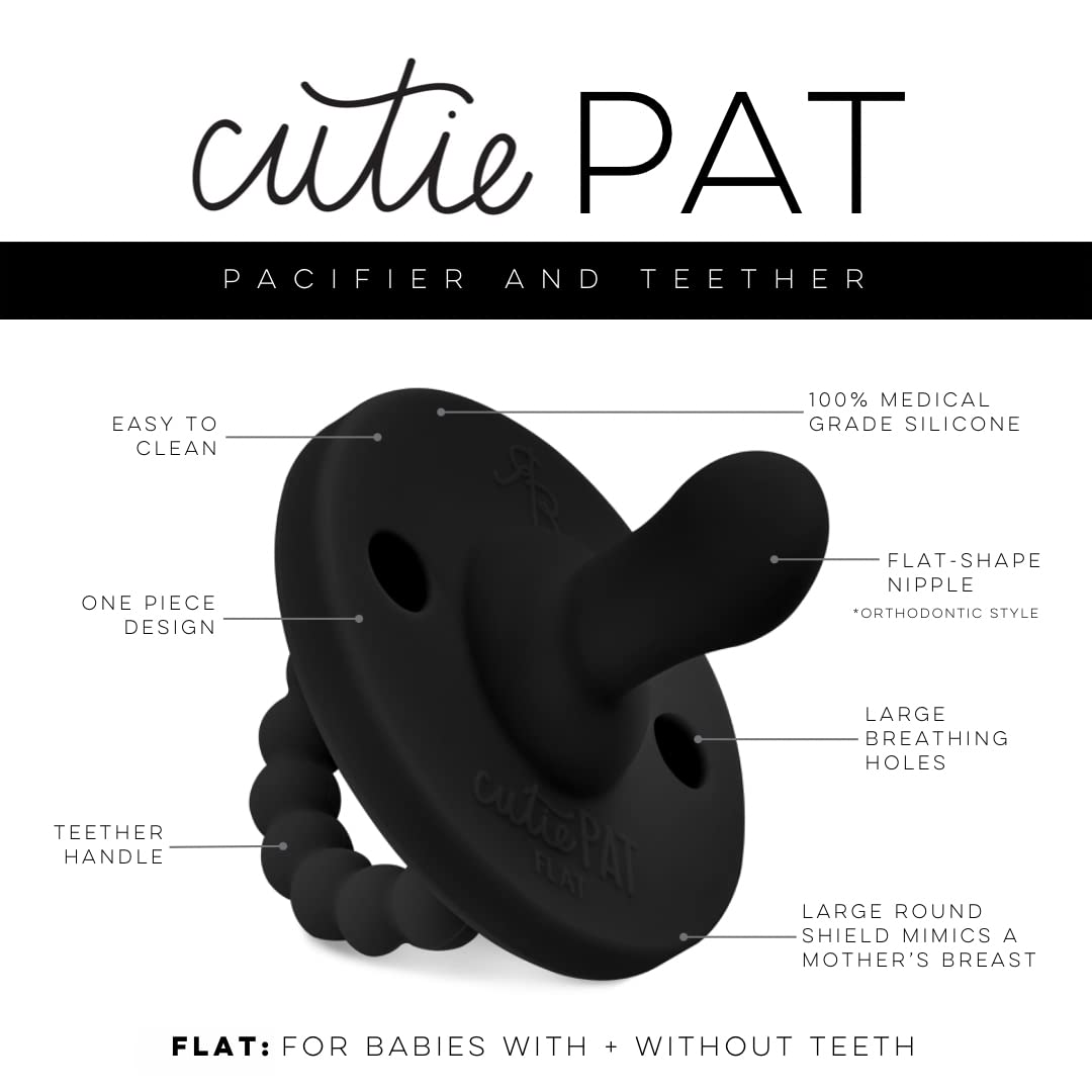 Ryan & Rose Cutie PAT Pacifier Teether - Flat Black Baby Pacifier for Newborns & Infants - Soothing Teething Relief for Babies - Perfect for Daycare, Travel & Sleep