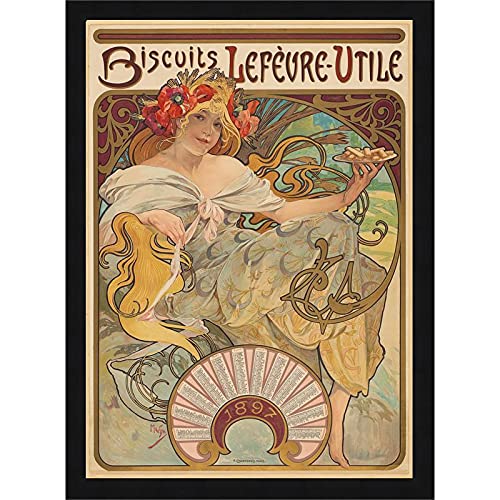 Alphonse Mucha 26x34 Inch Biscuits Lefevre-Utile Art Nouveau Framed Wall Print - Gold Wood Frame for Living Room, Bedroom & Office Decor