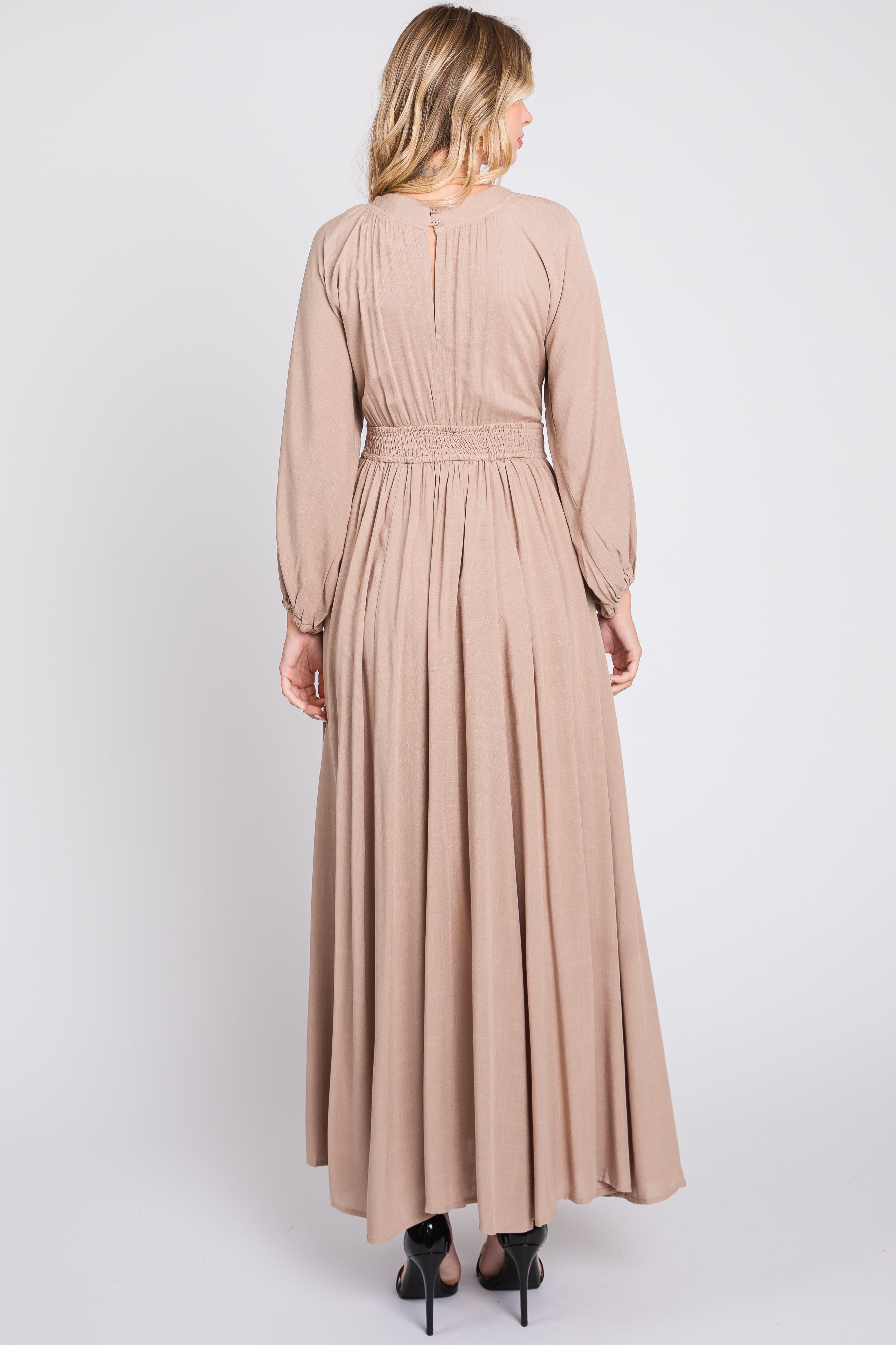 Beige Deep V Neck Smocked Waist Maxi Dress for Women - Elegant Summer Beach Wedding Party Dress