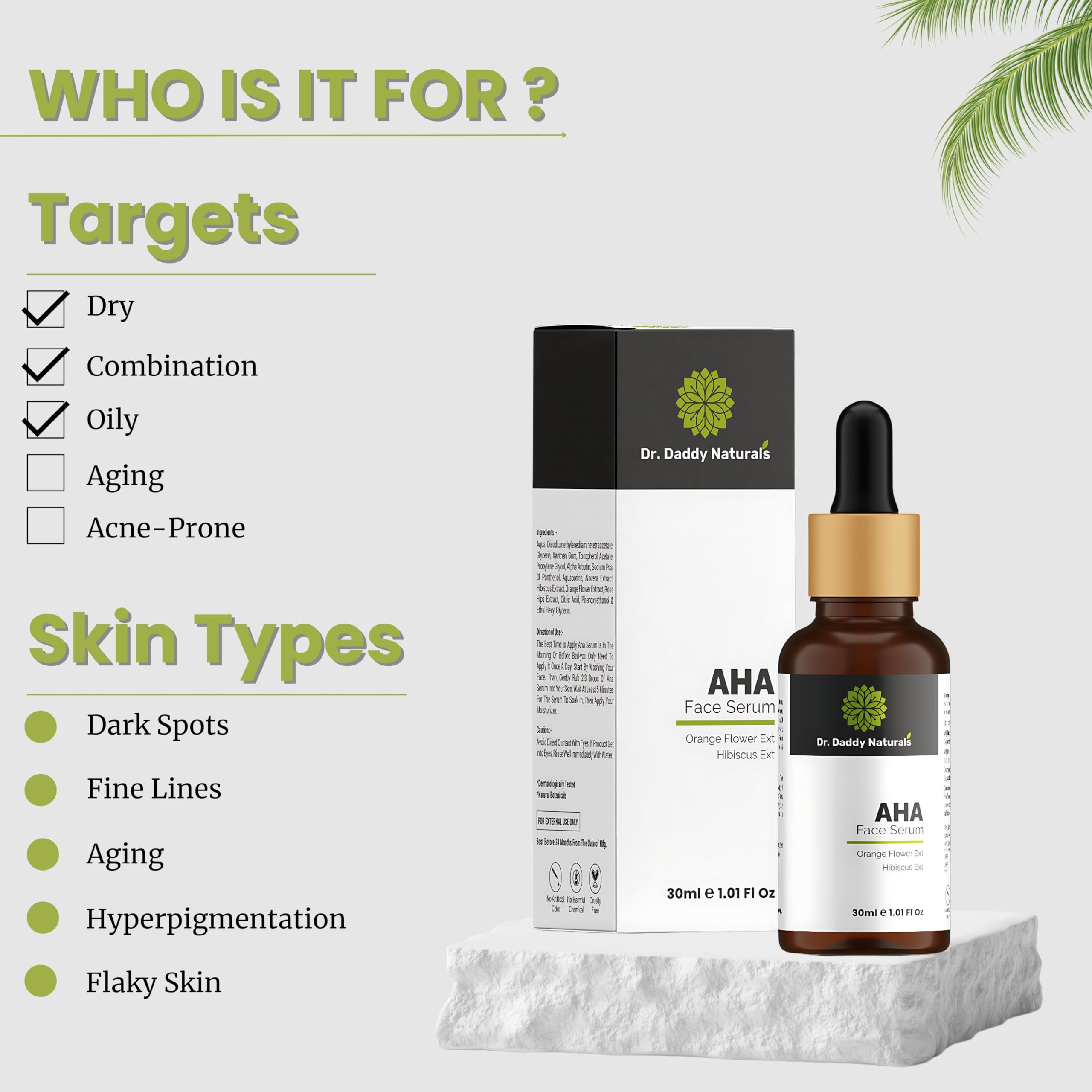 Dr. Daddy Naturals AHA Face Serum with Orange Flower & Hibiscus Extract - Acne Spot Treatment for Clear Skin, Brightening & Smoothing - Suitable for Normal, Oily, Dry & Combination Skin - Paraben & Sulfate Free, Fragrance Free - 30ml - Perfect for Daily Skincare Routine & Nighttime Skin Repair
