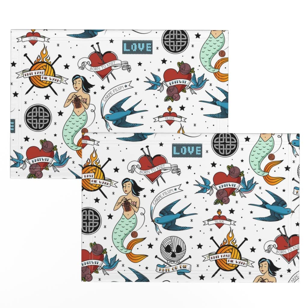 Linen Cotton Canvas Placemats Set of 2 - Vintage Knitting Tattoo Mermaid Rockabilly Retro Design - Washable Table Mats for Dining Room, Kitchen, and Party Decor
