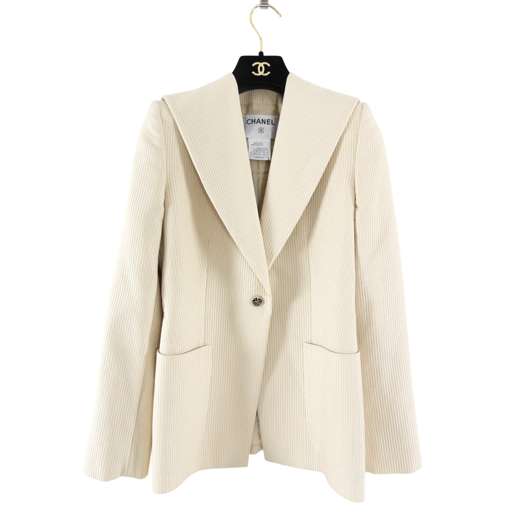 Vintage Chanel Ivory Corduroy Blazer with Black Buttons - Size S (4/6) for Women | Classic Luxury Jacket for Office, Dinner Parties & Special Occasions