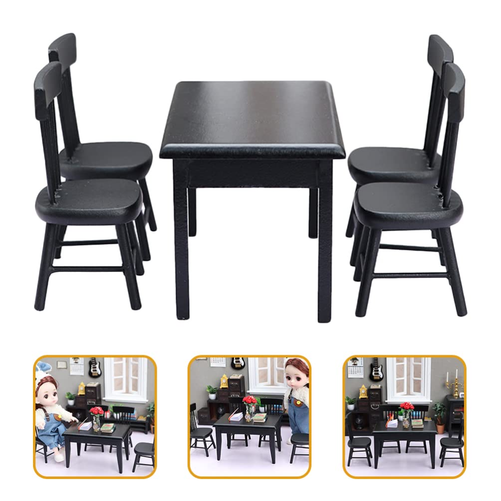 5-Piece Miniature Black Wooden Dining Table and Chairs Set - Dollhouse Furniture Accessories for 4 People | Perfect for Dollhouse Decor, Miniature Displays, and Collectible Scenes