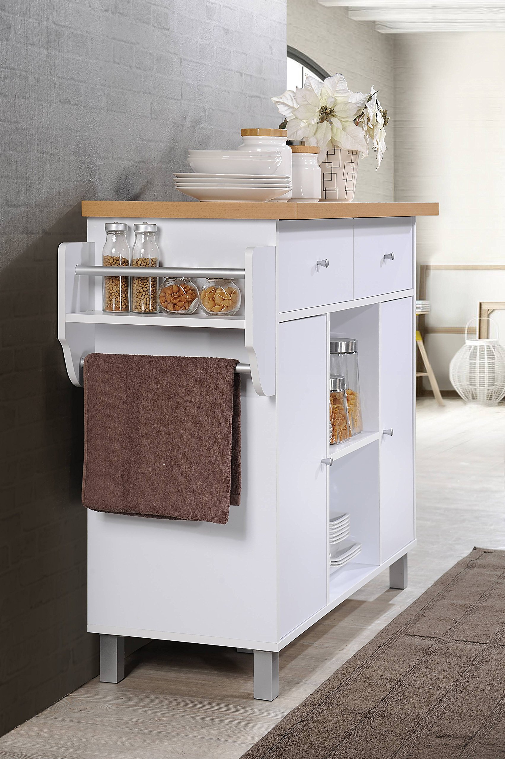 Hodedah Import Kitchen Island with Spice Rack & Towel Rack - White Wooden Storage Cabinet for Small Spaces, Perfect for Apartments and Compact Kitchens