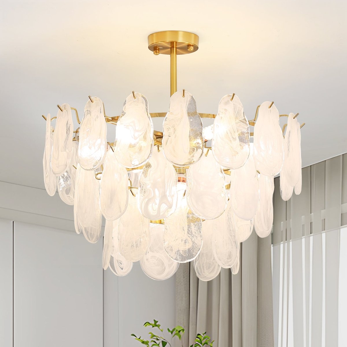 6-Light Modern Semi Flush Mount Crystal Chandelier Ceiling Fixture with 3-Tier Cloud Glass Lampshade - 20