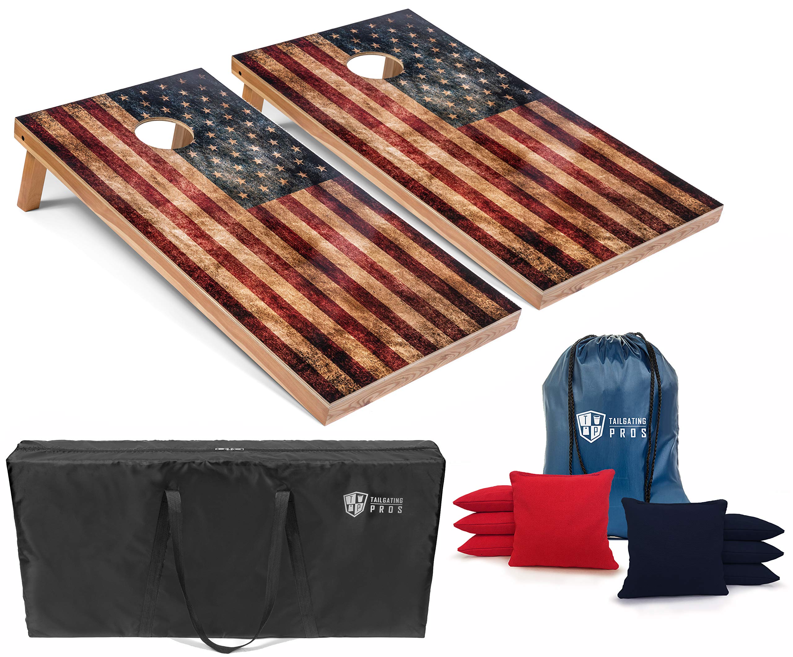 Tournament-Grade 4'x2' Rustic American Flag Cornhole Game Set with LED Ring & Carrying Case - Premium Distressed Cornhole Boards, 8 Bean Bags - Perfect for Backyard Parties, Tailgating Events & Outdoor Family Gatherings
