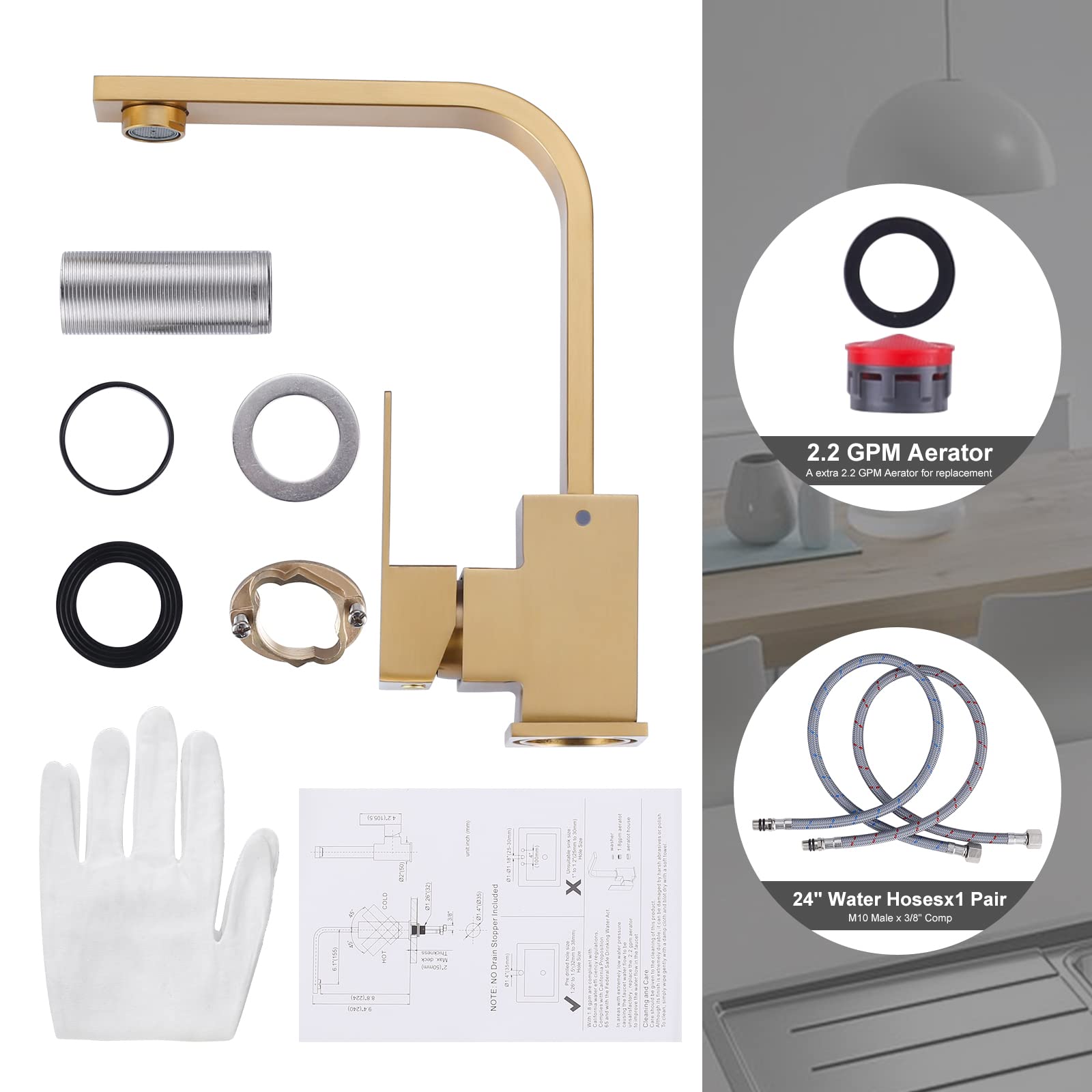 Brushed Gold Single Handle Bar Faucet - Stainless Steel Small Kitchen Sink Faucet with Supply Hose - Perfect for Mini Bars, Wet Bars, and Small Kitchen Sinks - WOWOW