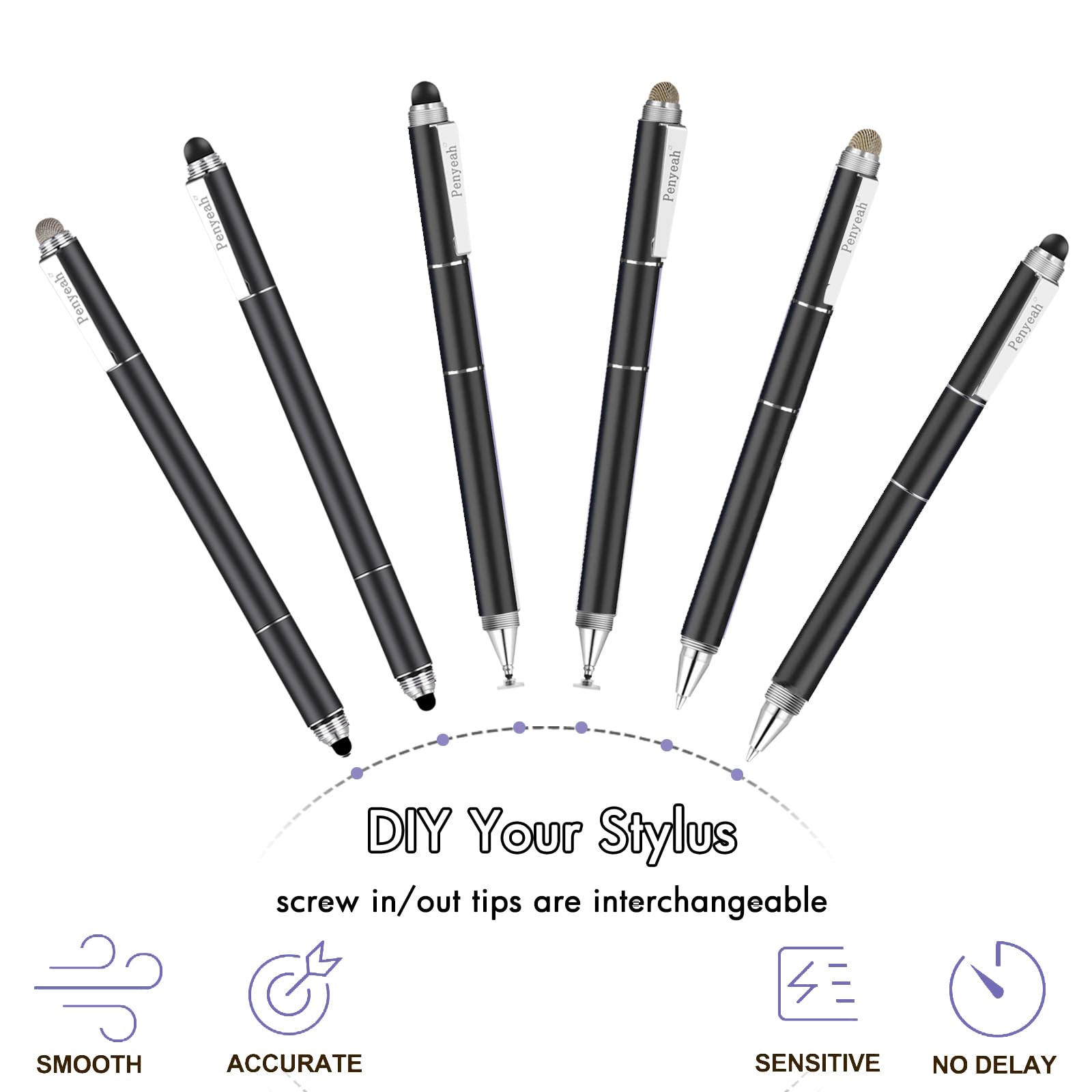 Penyeah 4-in-1 Stylus Pen for Touch Screens - High Precision Capacitive Stylus with 4 Replacement Tips, Compatible with iPhone, iPad, Tablets & Laptops (Black) - Perfect for Drawing, Note-Taking & Digital Art