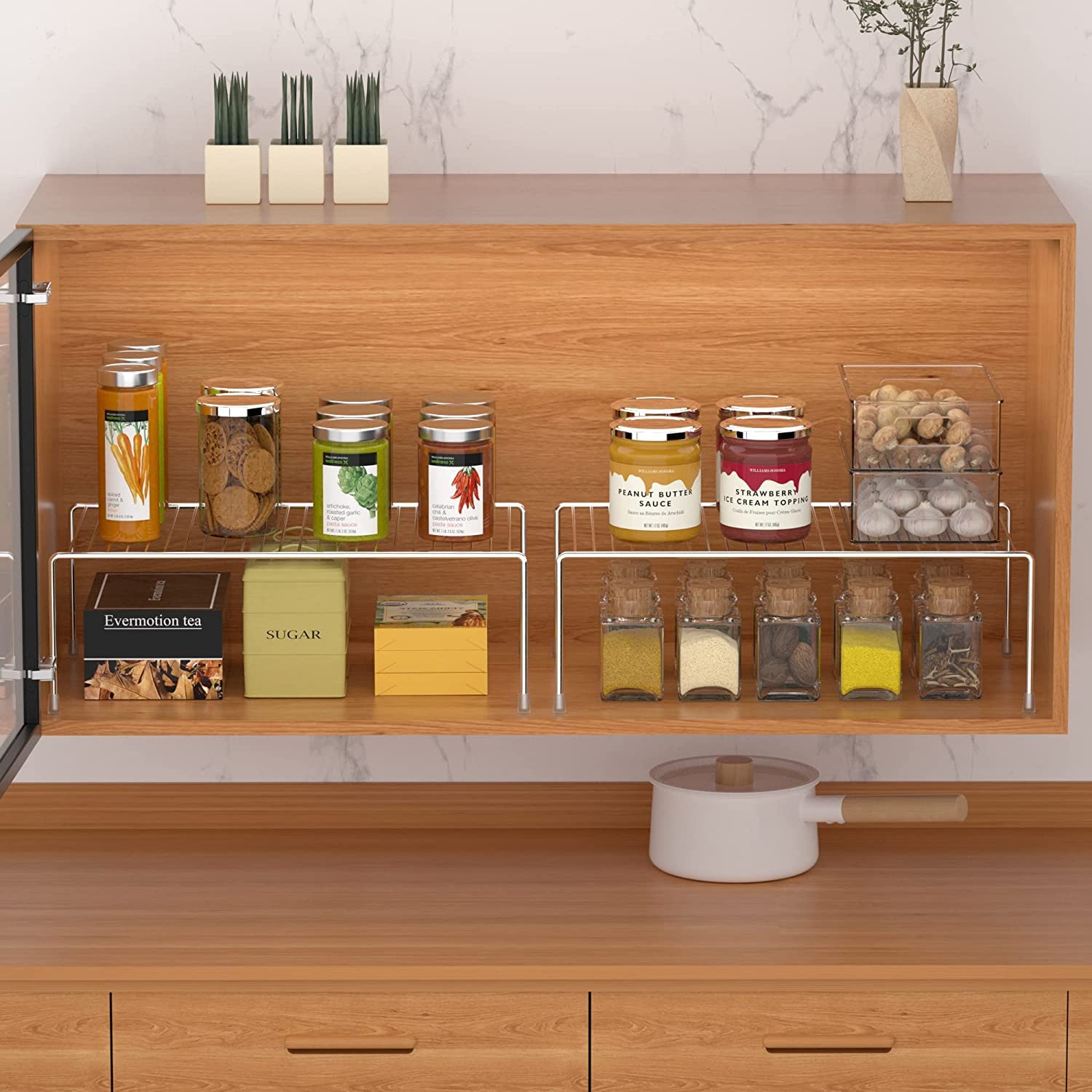 2-Pack Large Metal Wire Kitchen Cabinet Shelf Organizer (15.7 x 9.4 Inch) - Chrome Pantry Storage Shelves for Plates, Dishes | Perfect for Cabinets, Freezers, Countertops & Cupboard Organization