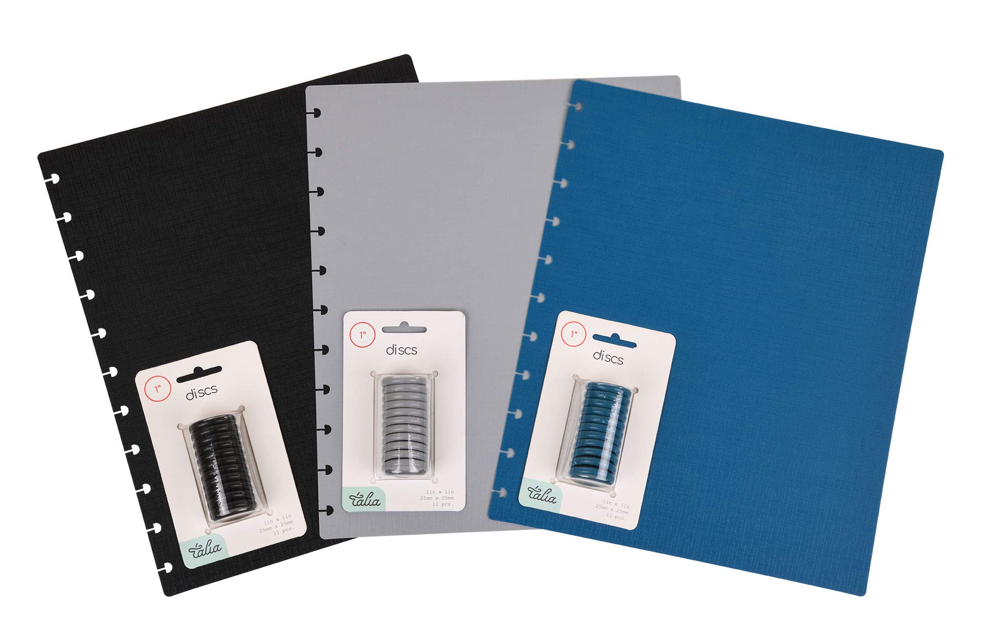 Talia Discbound Notebook Cover and Disc Set - 3-Pack Letter Size (Black, Blue, Gray) for Office, School & Planner Organization