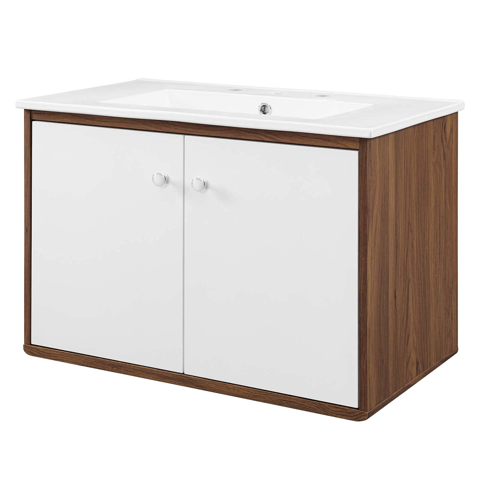 Modern Wall Mounted Sink Vanity Cabinet - Brown Walnut & White Wood Bathroom Storage - Perfect for Hotel, Spa & Contemporary Home Bathroom Design