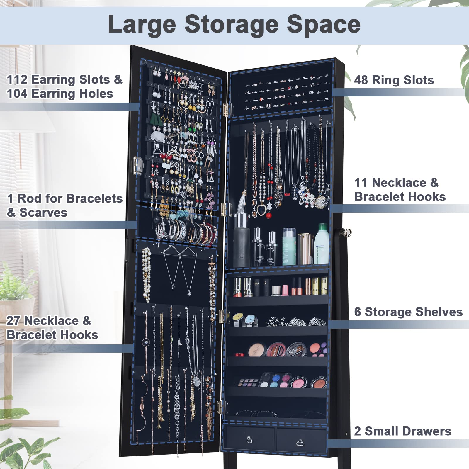 Lockable Full-Length Mirror Jewelry Armoire Organizer - Large Jewelry Storage Cabinet with 4 Adjustable Hooks & 2 Drawers, 2-in-1 Jewelry Box for Necklaces, Rings & Accessories - Perfect for Bedroom, Closet & Dressing Room (Black)