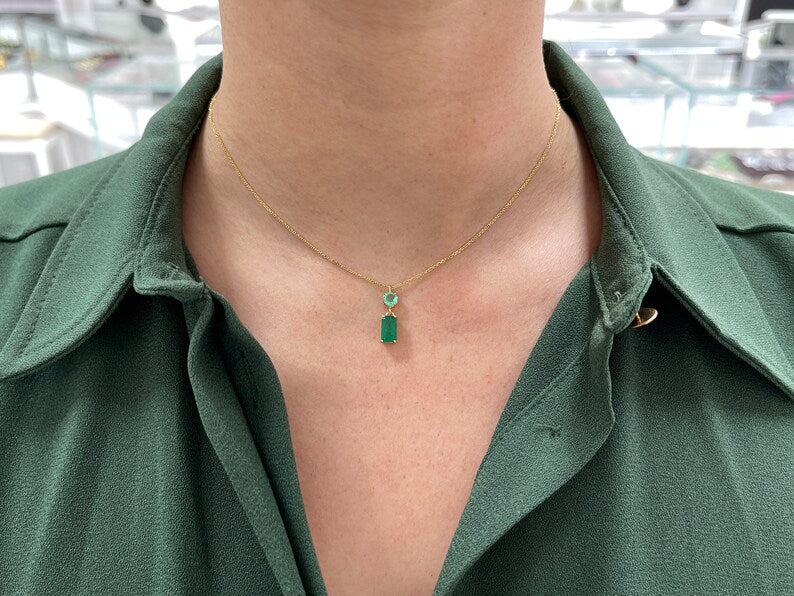 2.14tcw 14K Gold Vertical Emerald Cut & Round Dangle 4 Prong Pendant Necklace for Women - Elegant Layering Jewelry Gift for Birthday, Anniversary & Valentine's Day