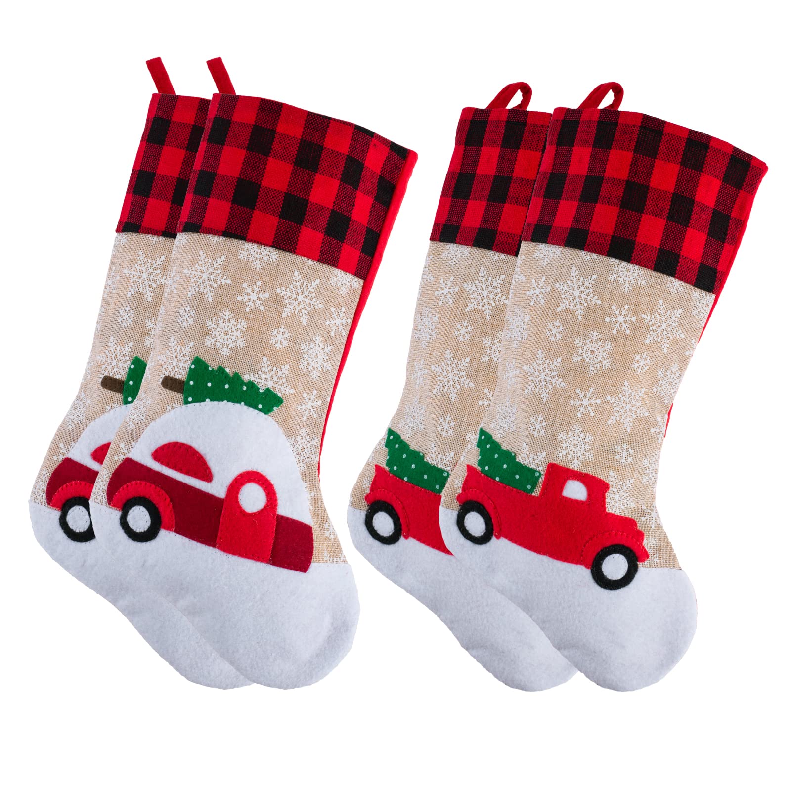 4 Pack 18 Inch Christmas Stockings - Burlap Embroidered Linen with Red and Black Buffalo Plaid Cuff - White Snowflake and Toy Car Cartoon Embroidery - Fireplace Hanging Stockings for Family Christmas Decorations (Perfect for Holiday Home Decor, Gift Giving and Festive Mantel Displays)