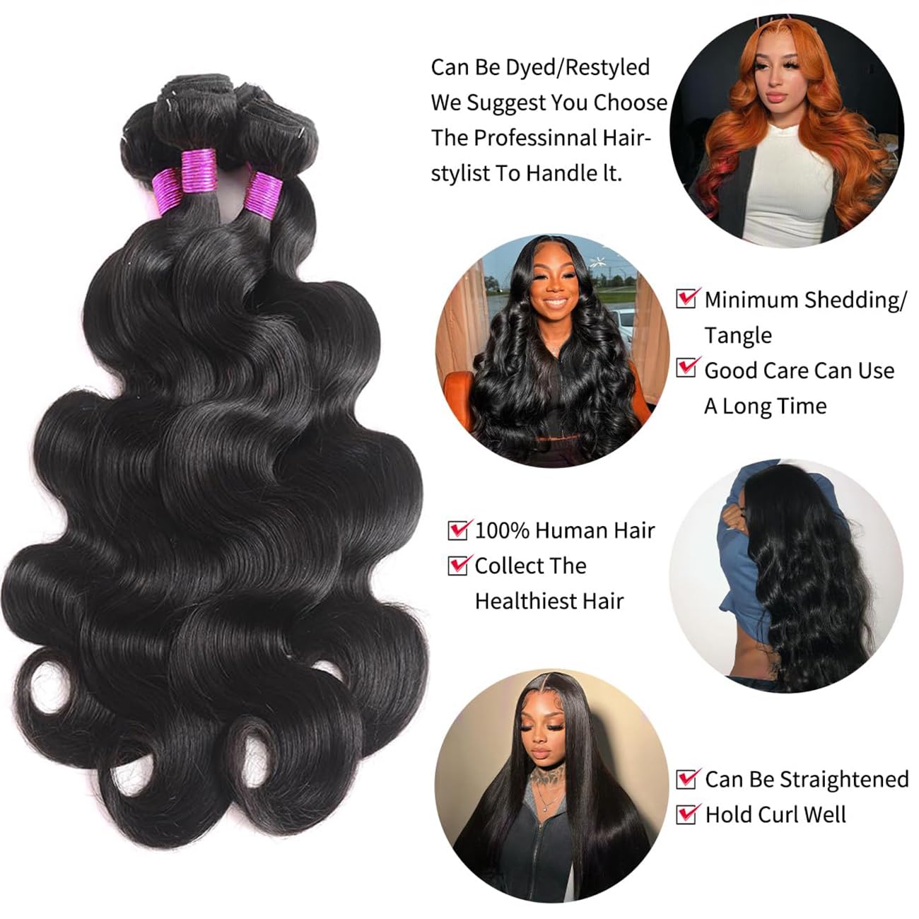 20 22 24 26 Inch Body Wave Human Hair Bundles - 100% Unprocessed Brazilian Virgin Hair Extensions (4 Bundles) for Women - Natural Black Color | Perfect for Styling, Weaving, and Everyday Wear