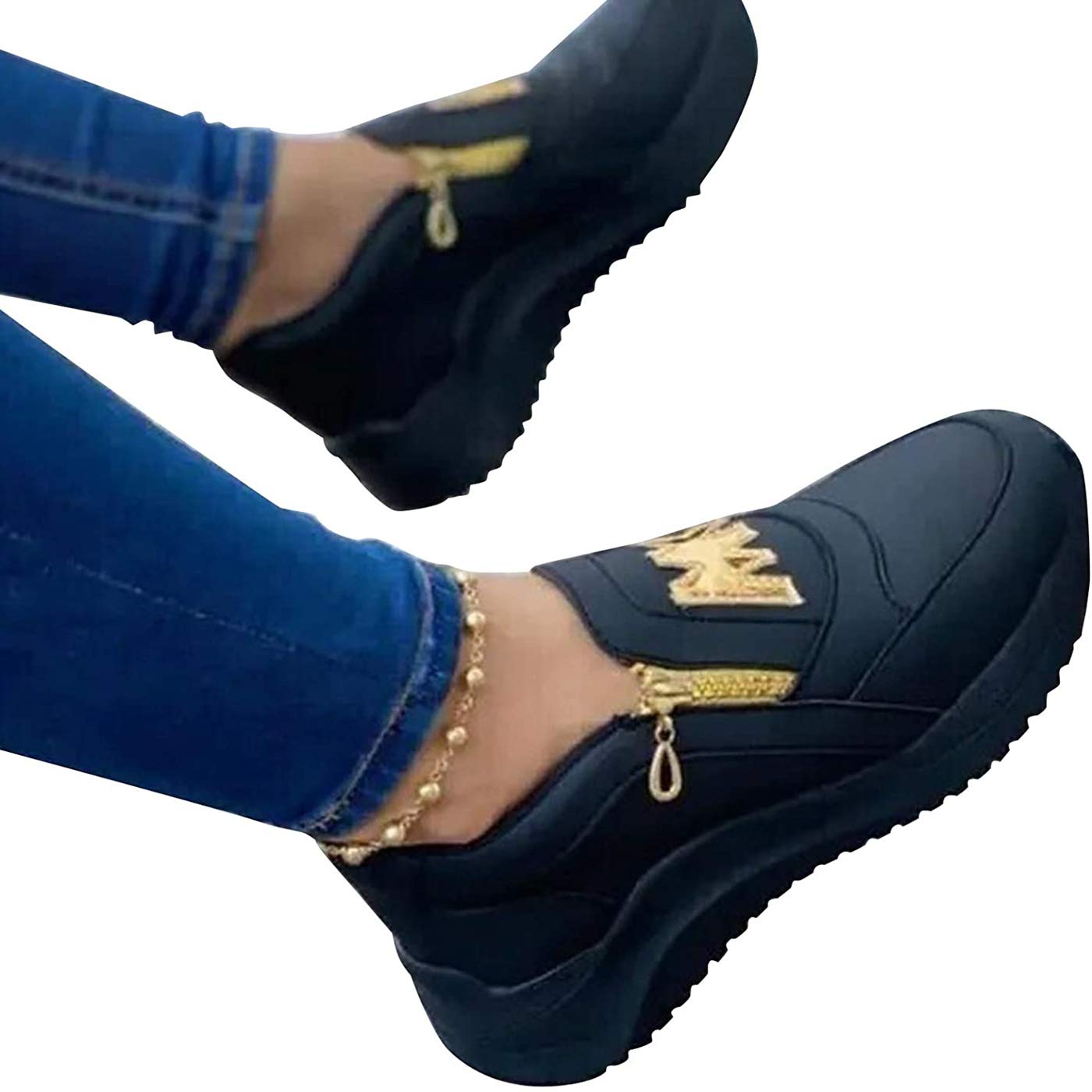 JDKD Women's Fashion Sneakers with Letter Decoration - Comfortable Round Toe Shoes with Zipper Design | Perfect for Casual Wear, Walking & Daily Outfits