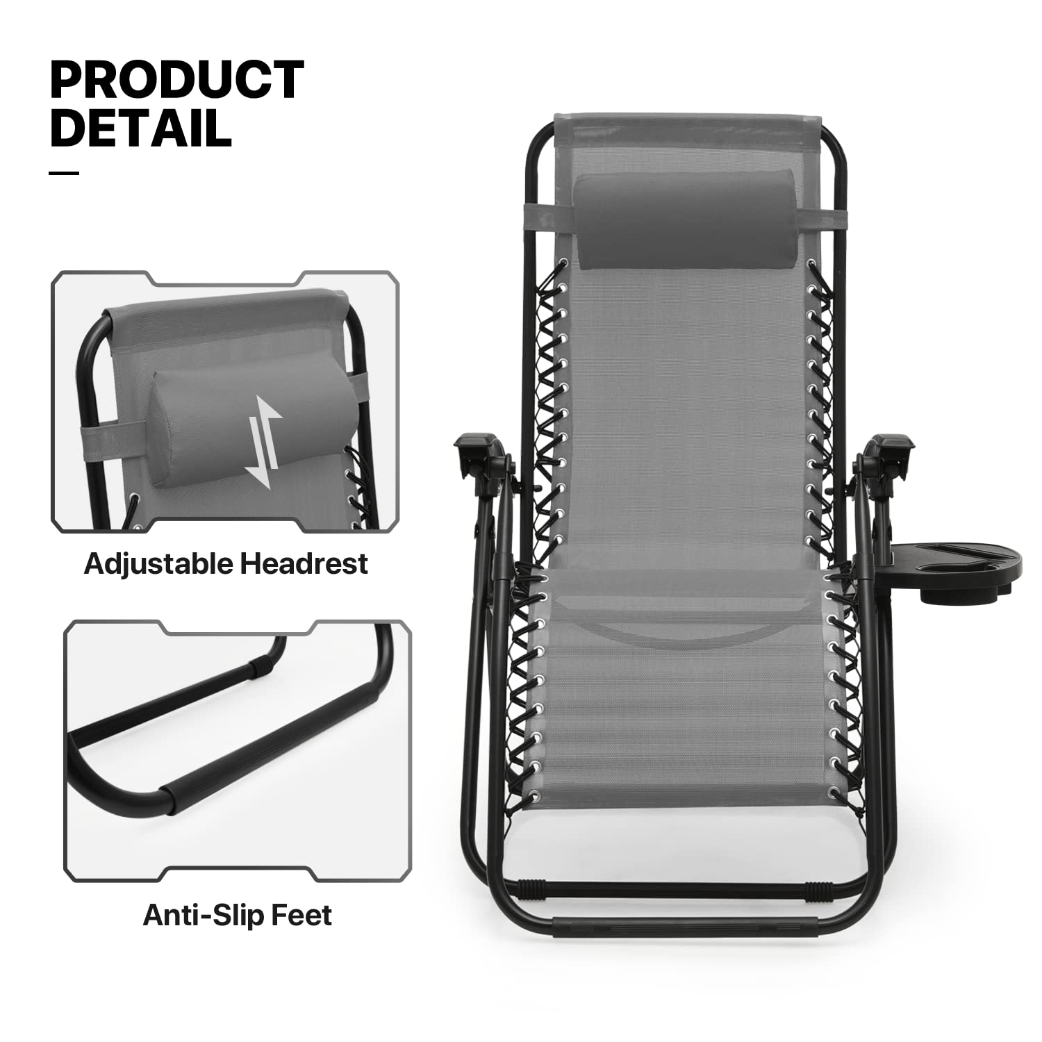 MoNiBloom 3-Piece Zero Gravity Lounge Chair Set - Adjustable Reclining Outdoor Chairs with Side Table, Pillow & Tray - 330lbs Capacity - Perfect for Pool, Patio, Beach, Backyard & Camping - Space Gray