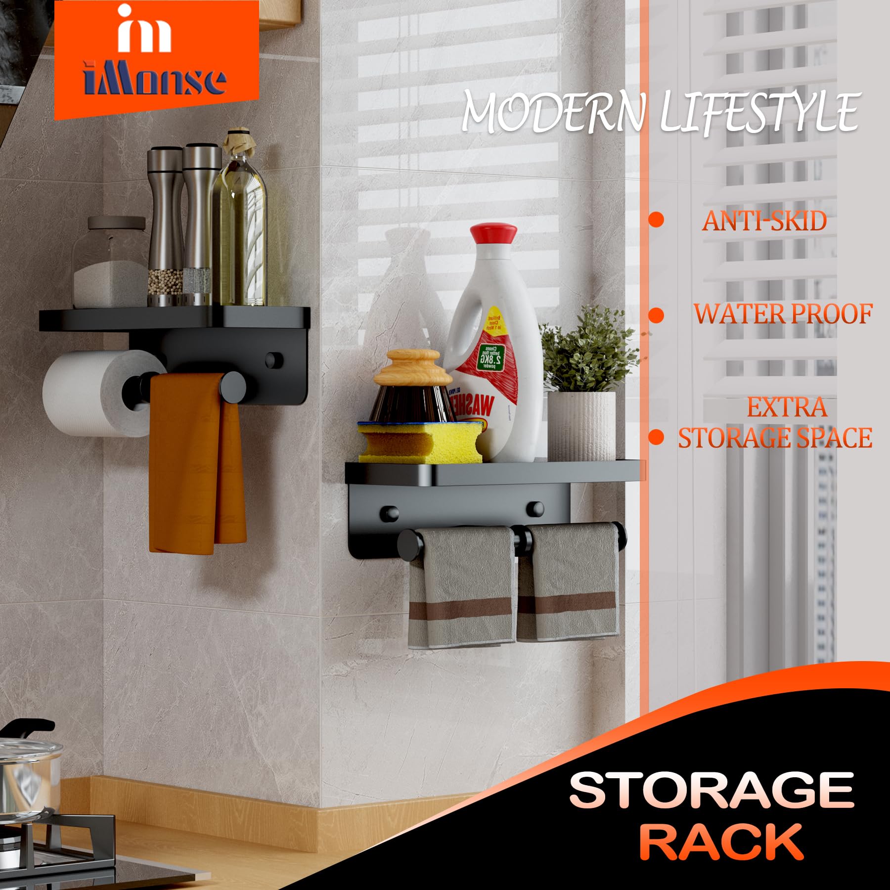 Double Toilet Paper Holder with Shelf - Wall Mounted Bathroom & Kitchen Tissue Roll Holder - Matte Black Paper Towel Rack for RV, Home, Office - Includes Adhesive & Screw Installation - Space Saving Bathroom Organizer for Small Spaces
