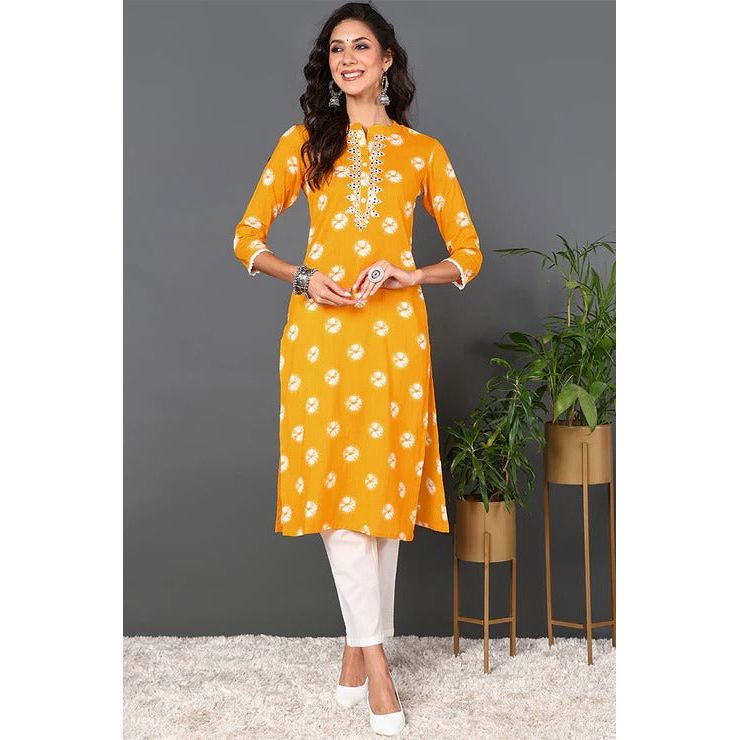 Stylish Yellow Cotton Embroidered Ethnic Motif Straight Kurta for Women | Traditional Indian Tunic Top | Perfect for Festivals, Weddings & Casual Wear