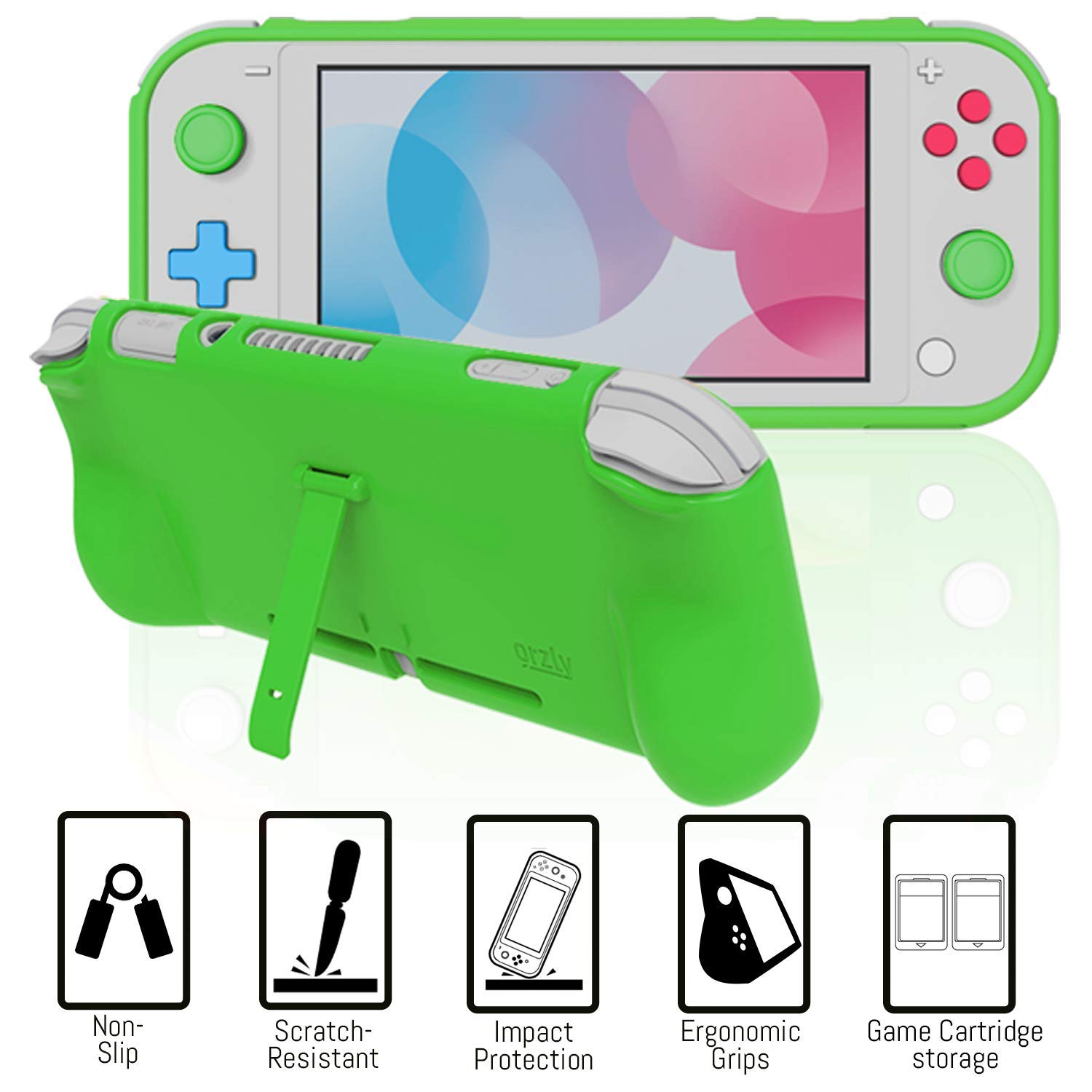 Orzly Nintendo Switch Lite Accessories Bundle - Protective Case, Screen Protector, USB Charging Cable, Game Card Holder, Comfort Grip, Headphones & Thumb Grips for Enhanced Gaming Experience - Green - Perfect for Travel, Home Entertainment & On-the-Go Gaming